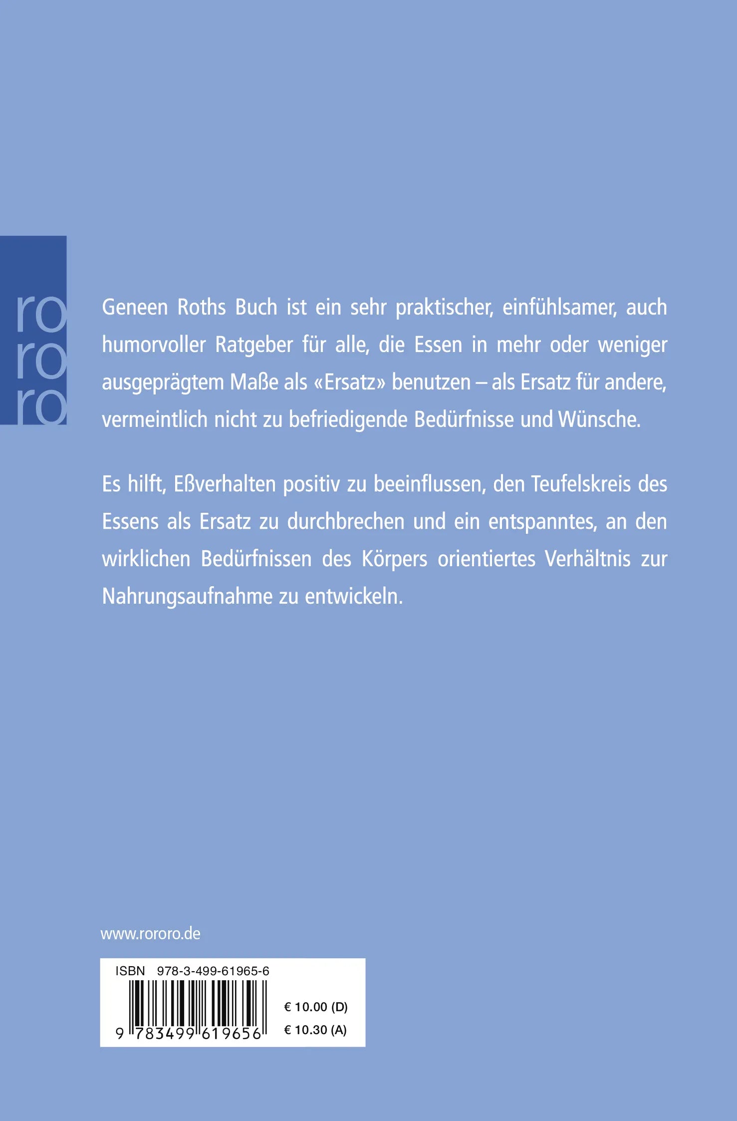 Buchrückseite von 'Essen als Ersatz' mit Klappentext - Taschenbuch