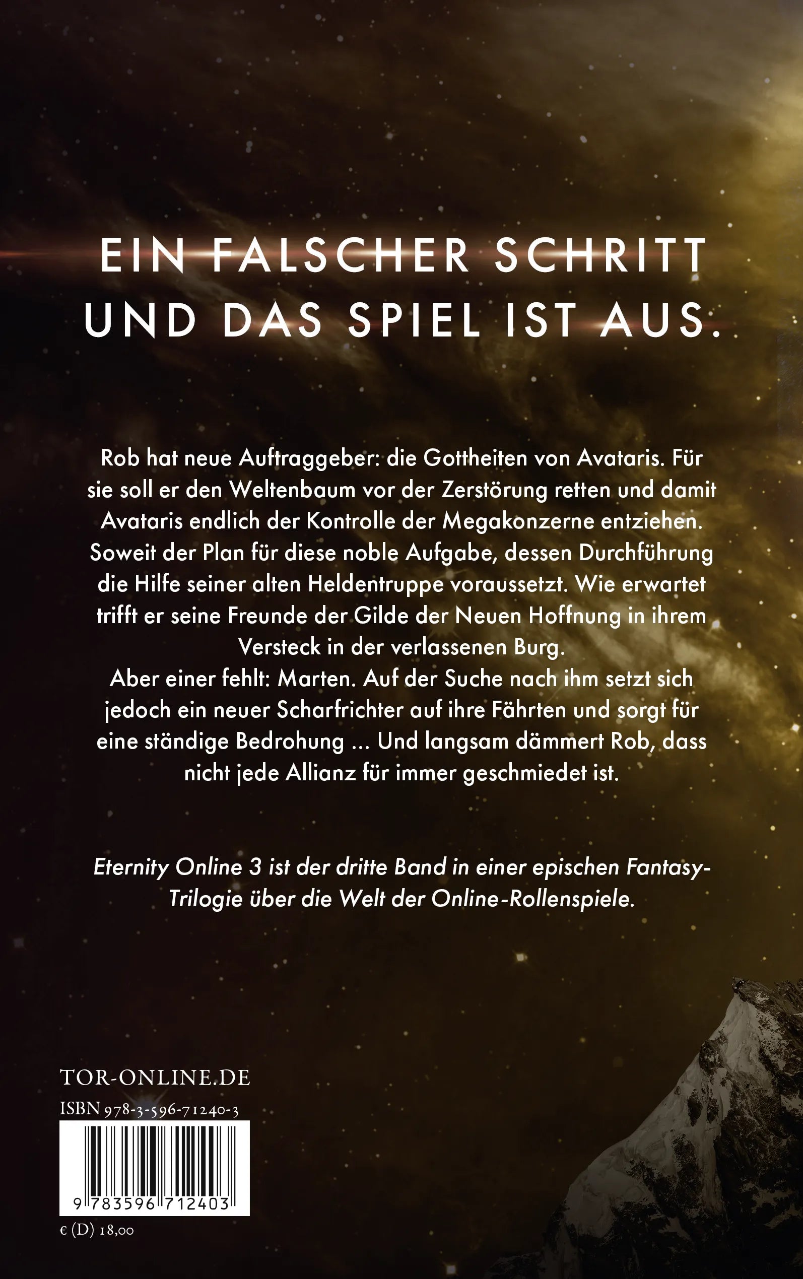 Buchrückseite von 'Eternity Online 3' mit Klappentext - Paperback