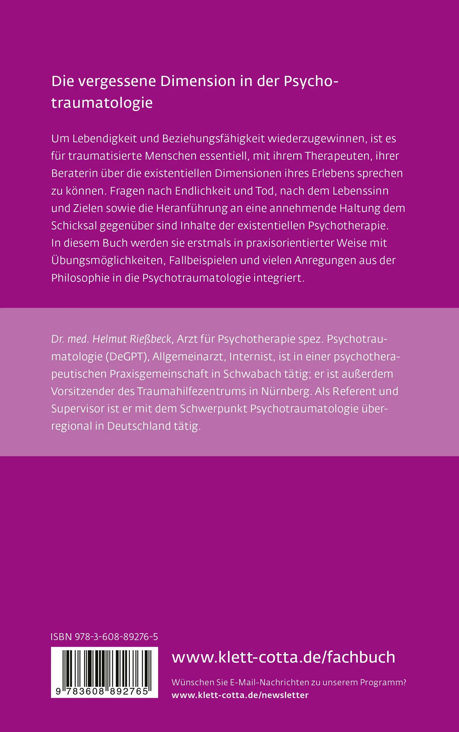 Buchrückseite von 'Existenzielle Perspektiven in der Psychotraumatologie' mit Klappentext - Paperback