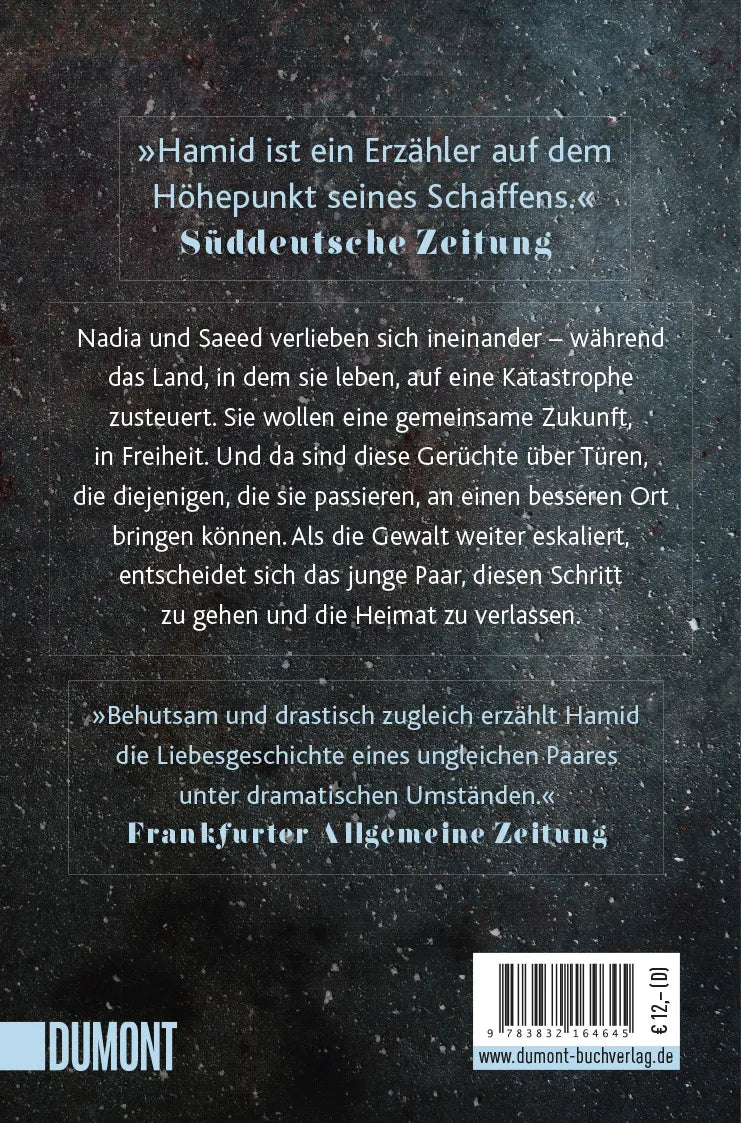 Buchrückseite von 'Exit West' mit Klappentext - Taschenbuch