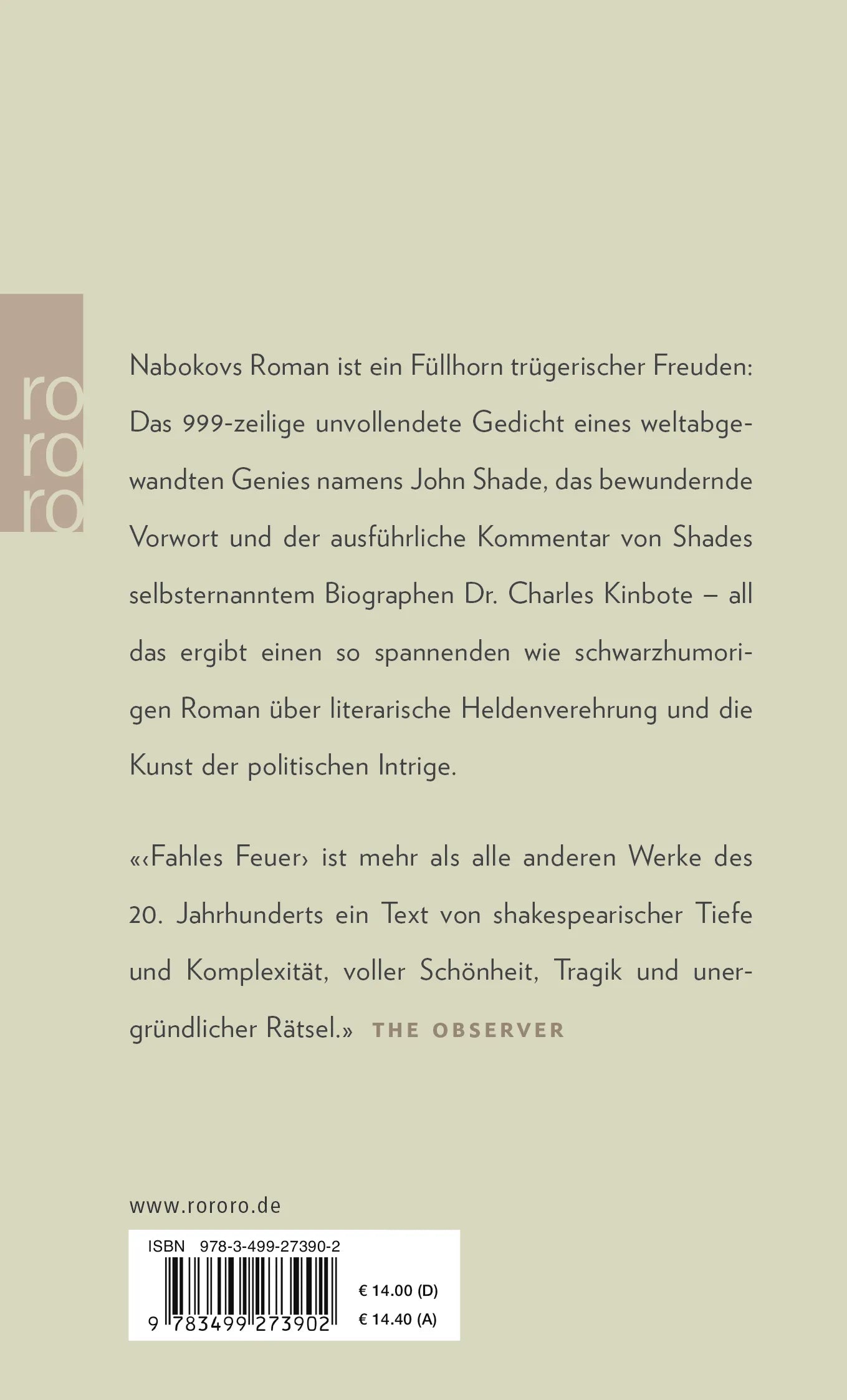 Buchrückseite von 'Fahles Feuer' mit Klappentext - Taschenbuch