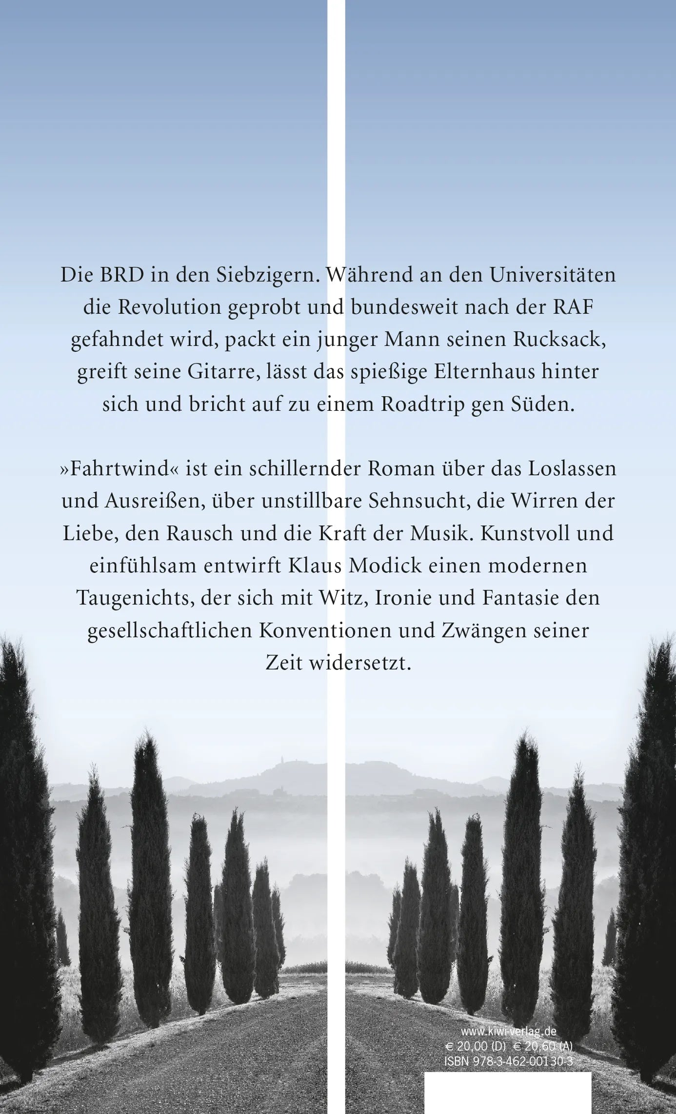 Buchrückseite von 'Fahrtwind' mit Klappentext - Gebundene Ausgabe