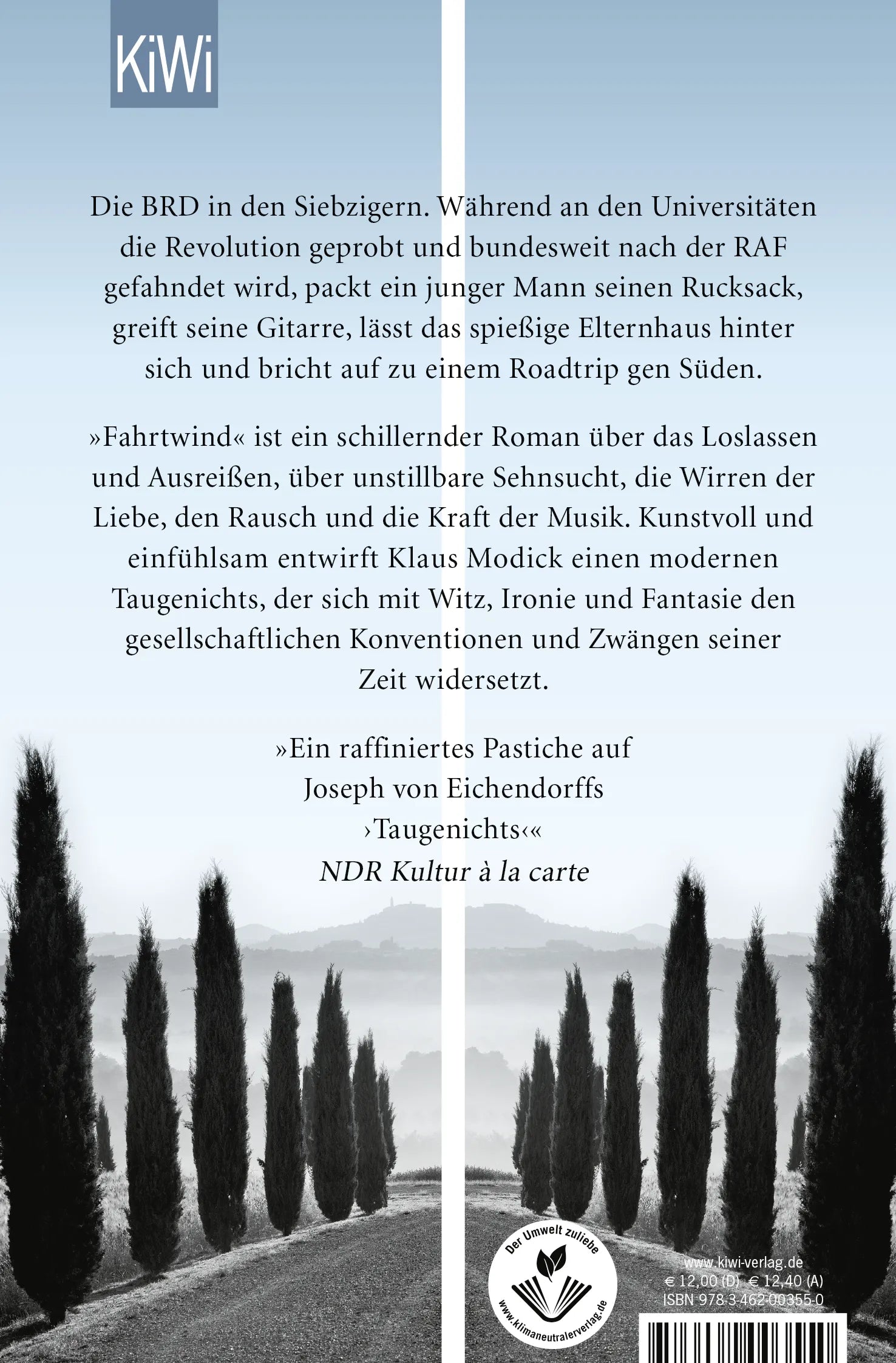 Buchrückseite von 'Fahrtwind' mit Klappentext - Taschenbuch