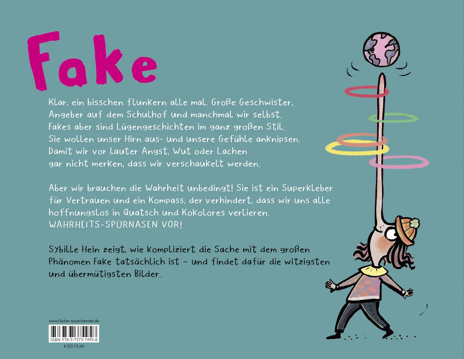 Buchrückseite von 'Fake' mit Klappentext - Gebundene Ausgabe