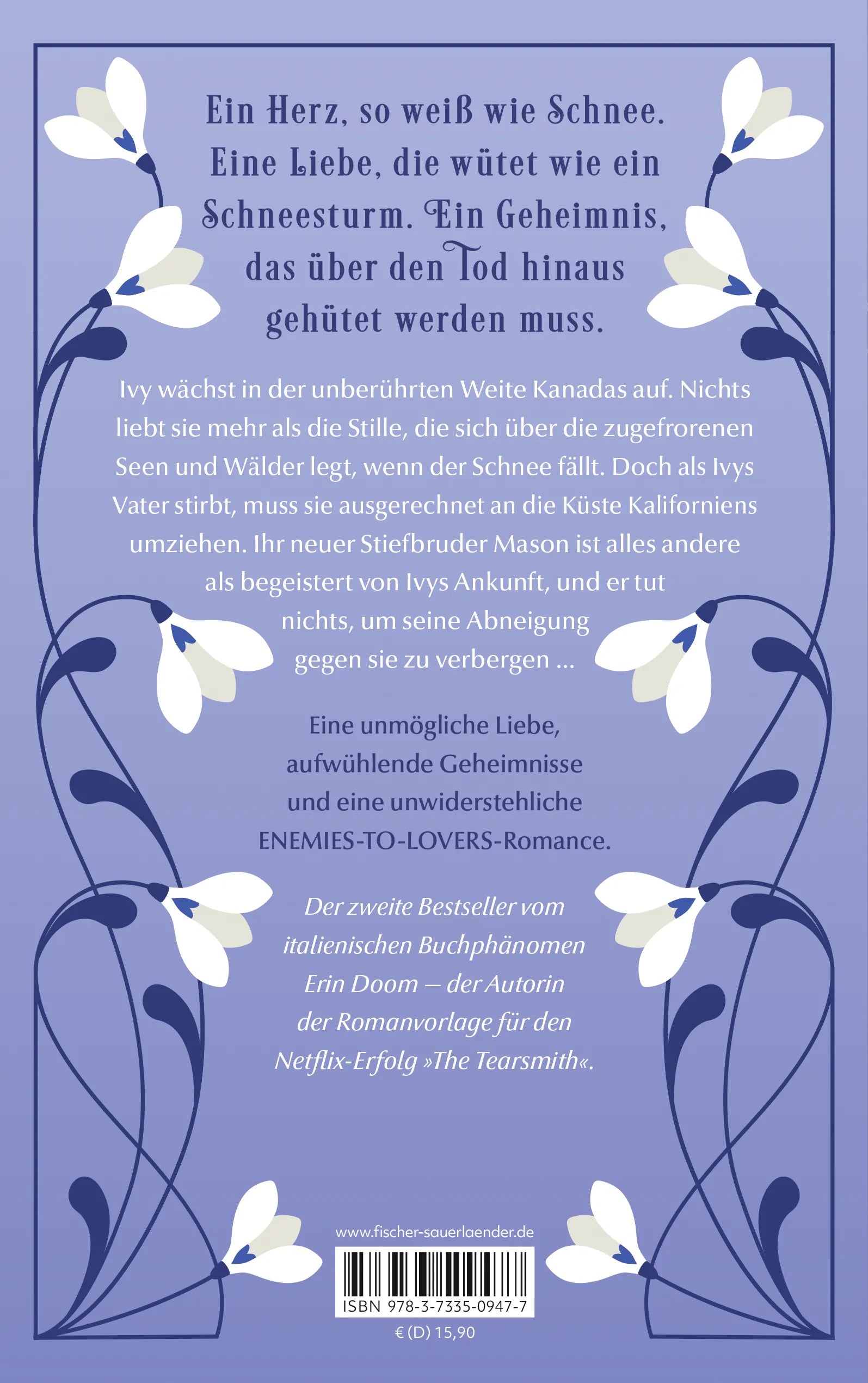 Buchrückseite von 'Falling Like Snow' mit Klappentext - Paperback