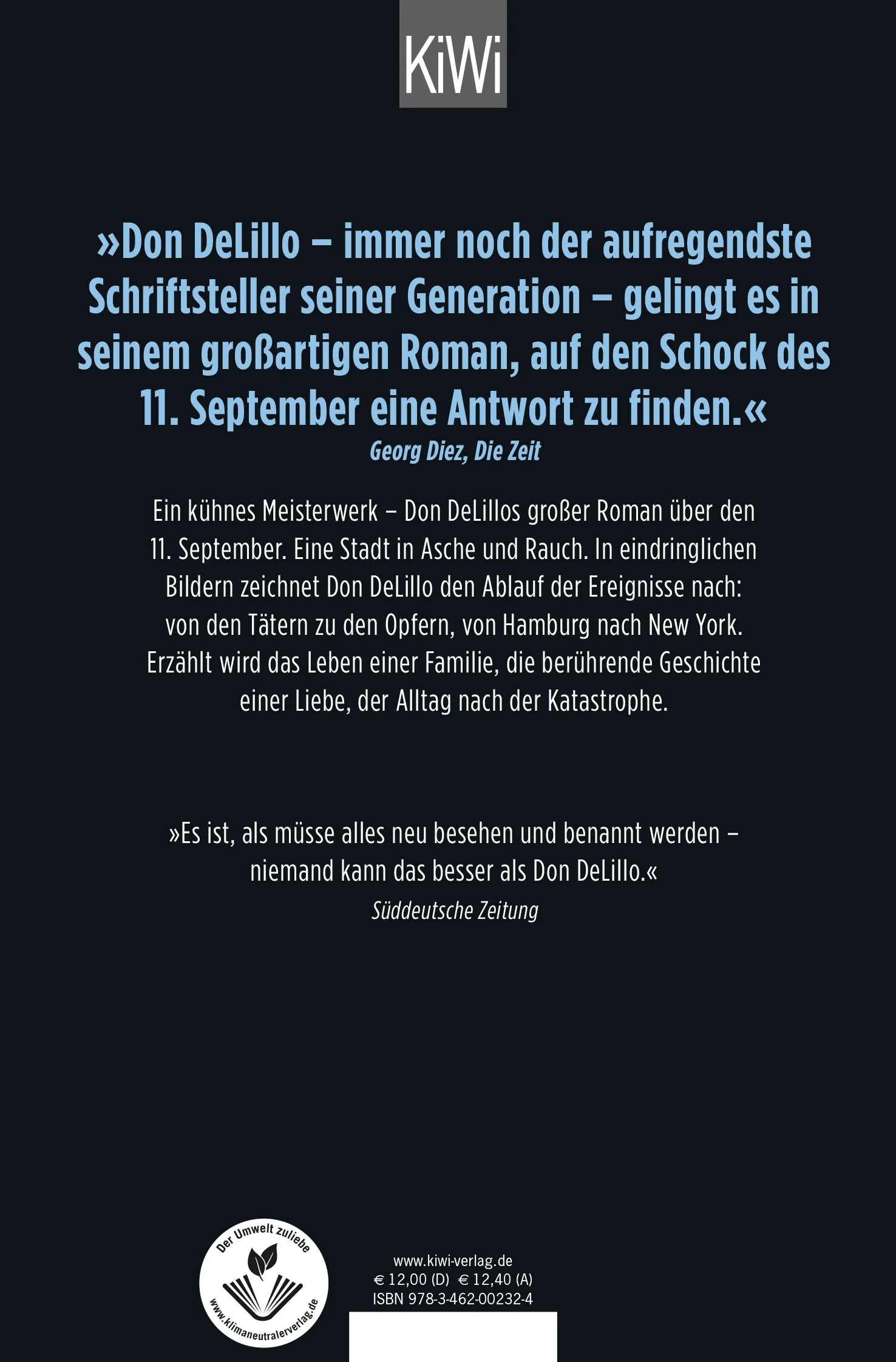 Buchrückseite von 'Falling Man' mit Klappentext - Taschenbuch