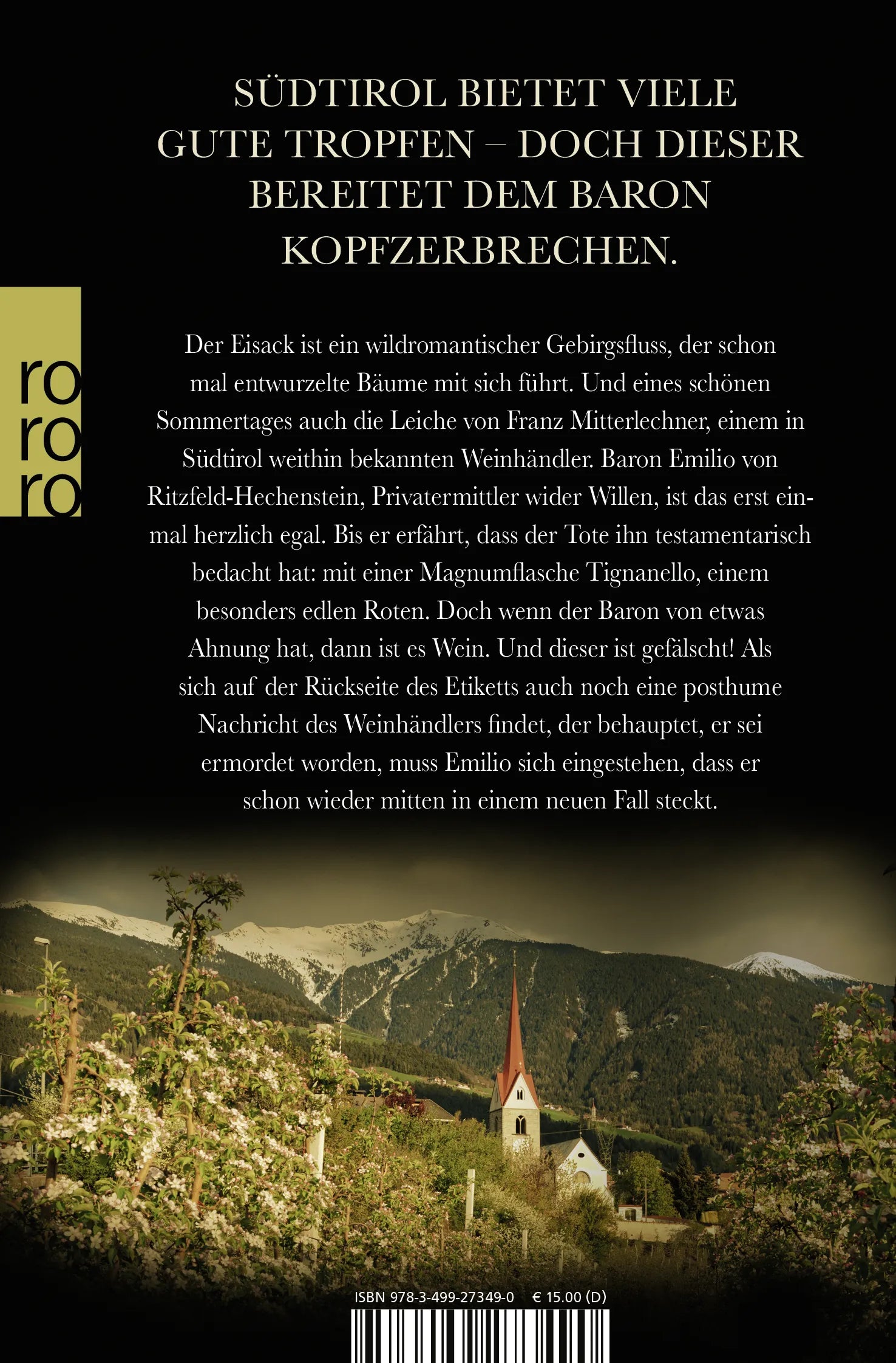 Buchrückseite von 'Falscher Tropfen' mit Klappentext - Taschenbuch