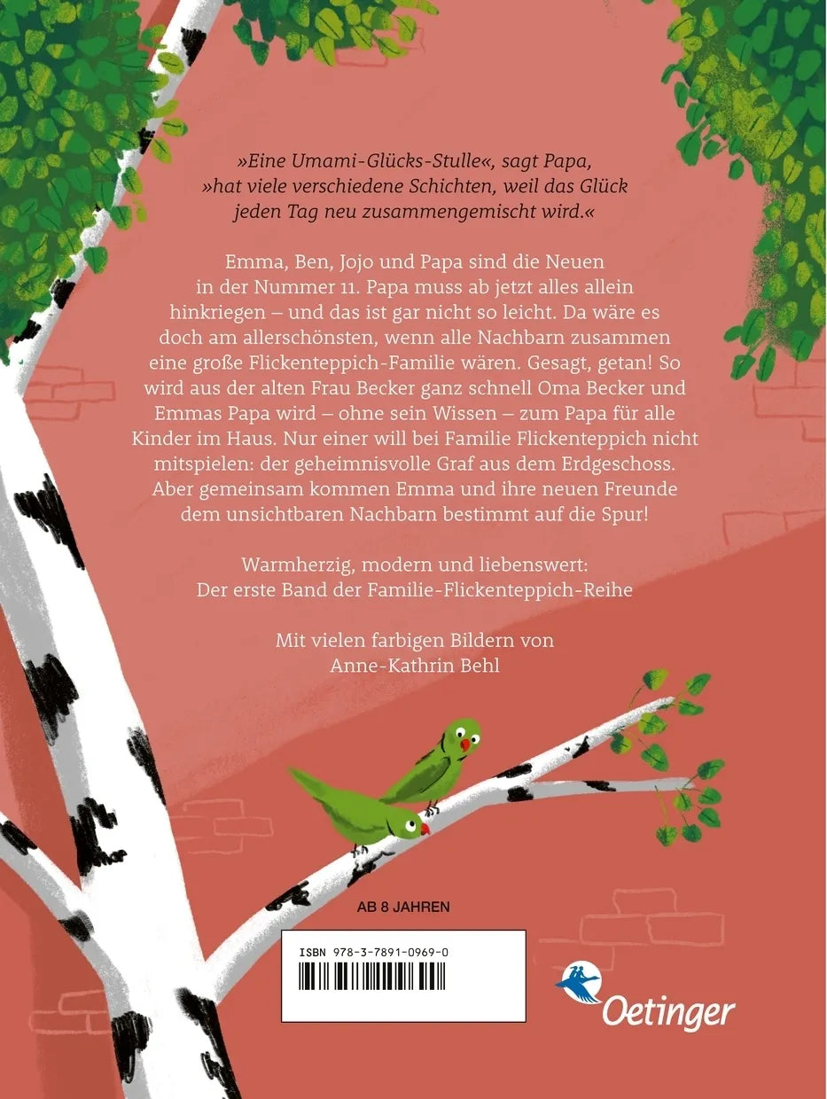 Buchrückseite von 'Familie Flickenteppich 1. Wir ziehen ein' mit Klappentext - Gebundene Ausgabe