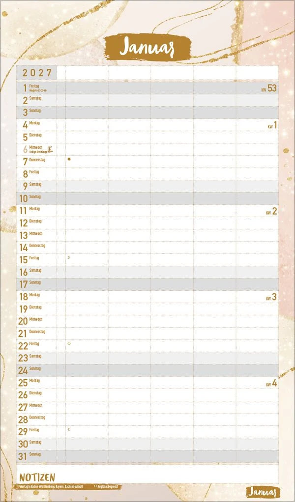 Familienplaner Metallic Glam 2027 – Ansicht