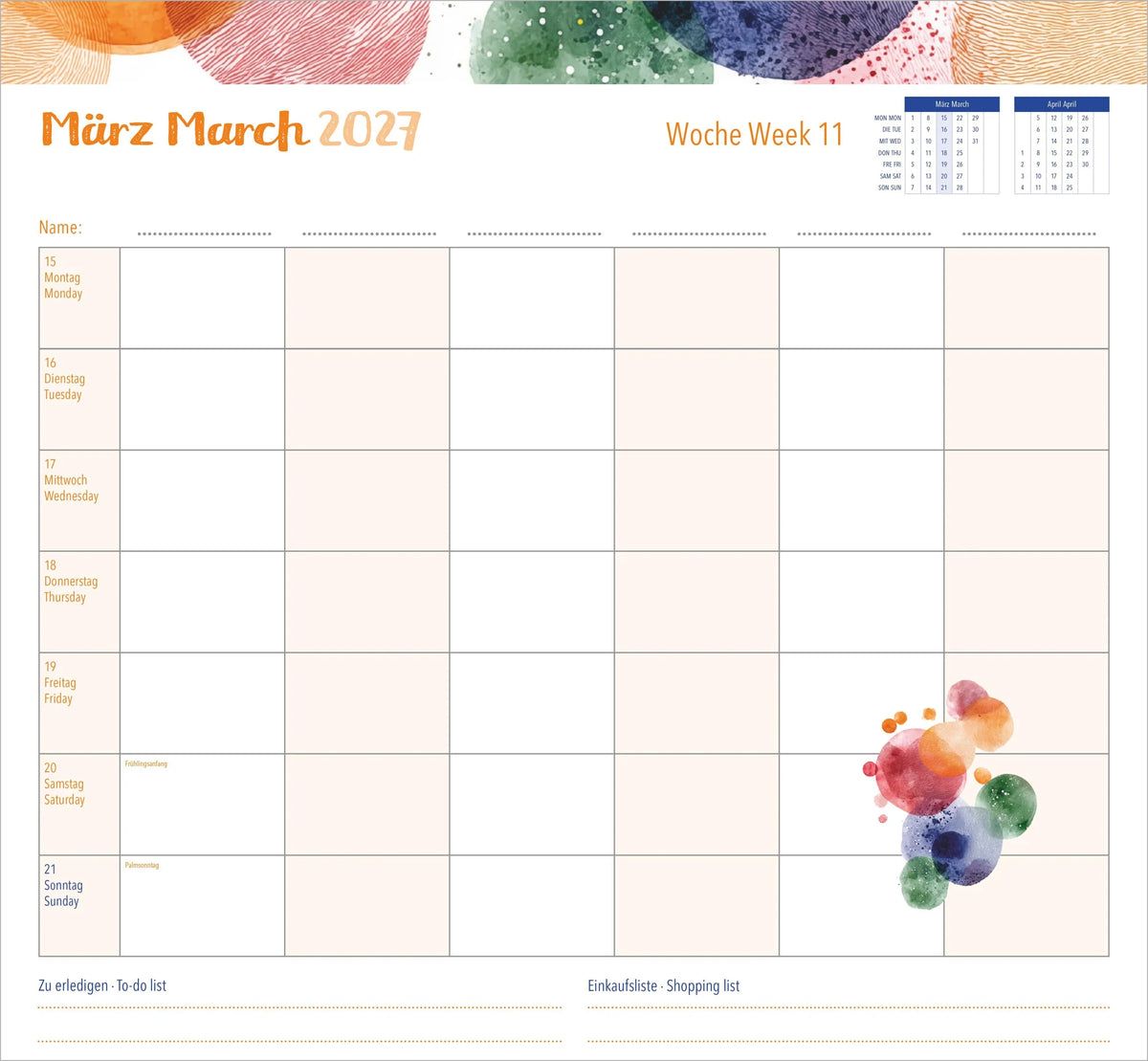 Familienwochenkalender Dots 2027 – Ansicht