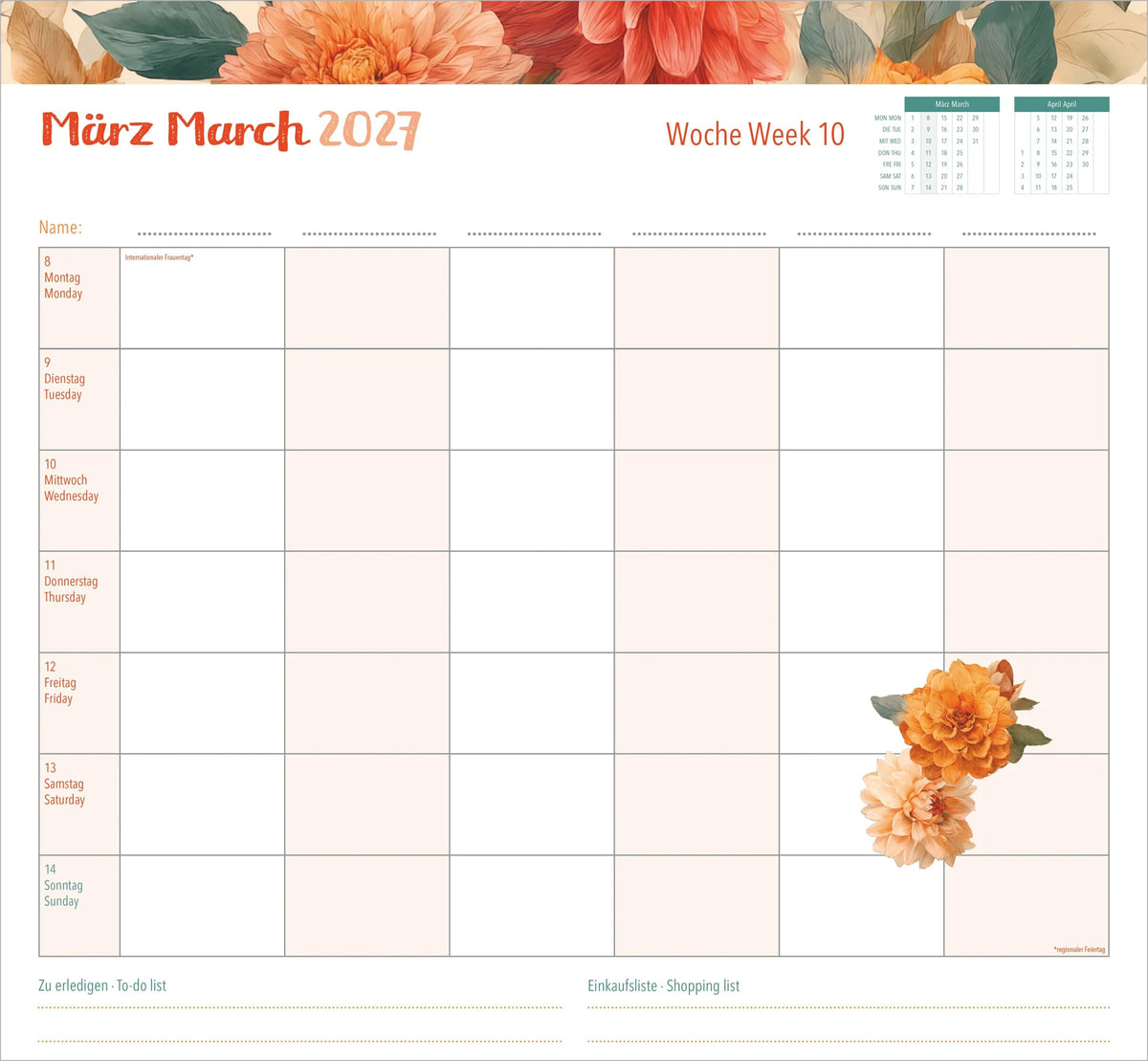 Familienwochenkalender Flowers 2027 – Ansicht
