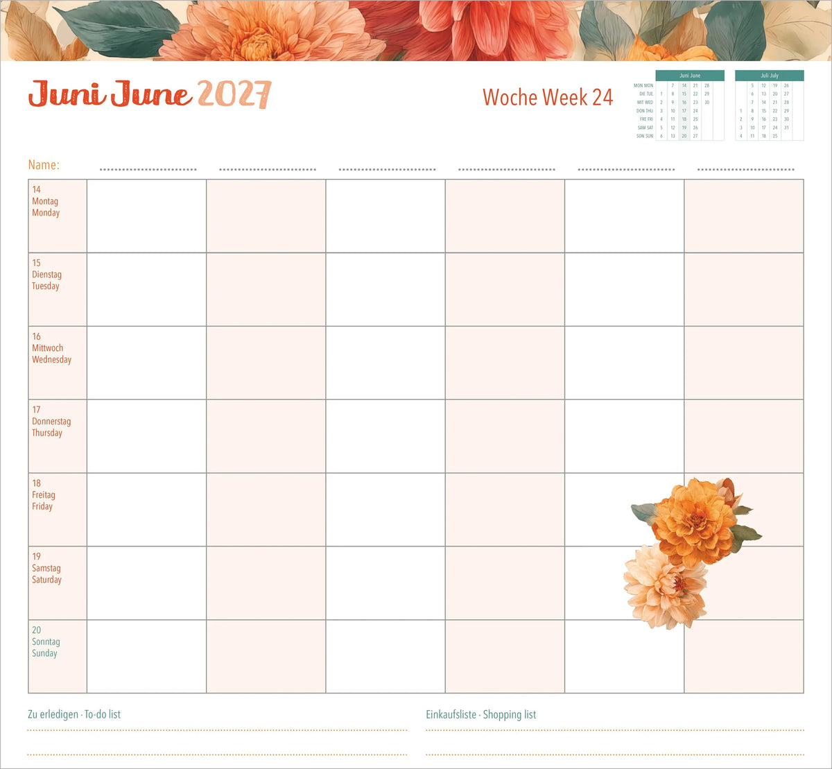 Familienwochenkalender Flowers 2027 – Ansicht