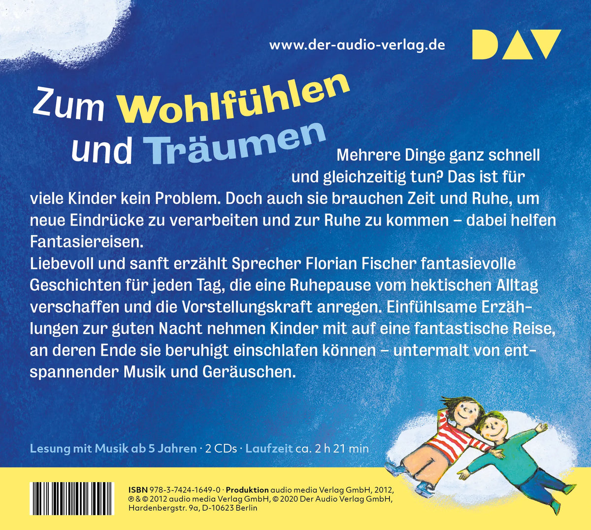 Buchrückseite von 'Fantasiereisen für Kinder – Entspannung für Tag und Nacht' mit Klappentext - Hörbuch (CD)