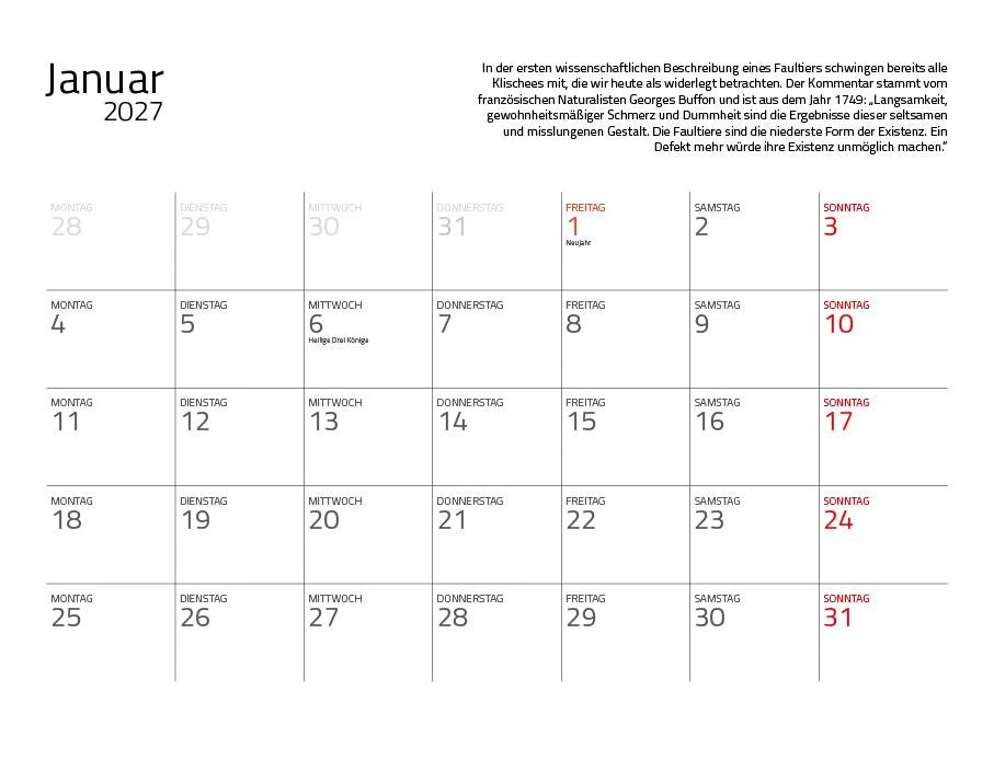 Faultiere Kalender 2027 Eintragkalender – Ansicht