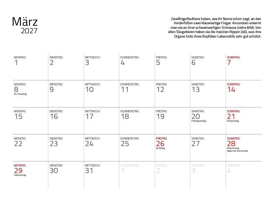 Faultiere Kalender 2027 Eintragkalender – Ansicht