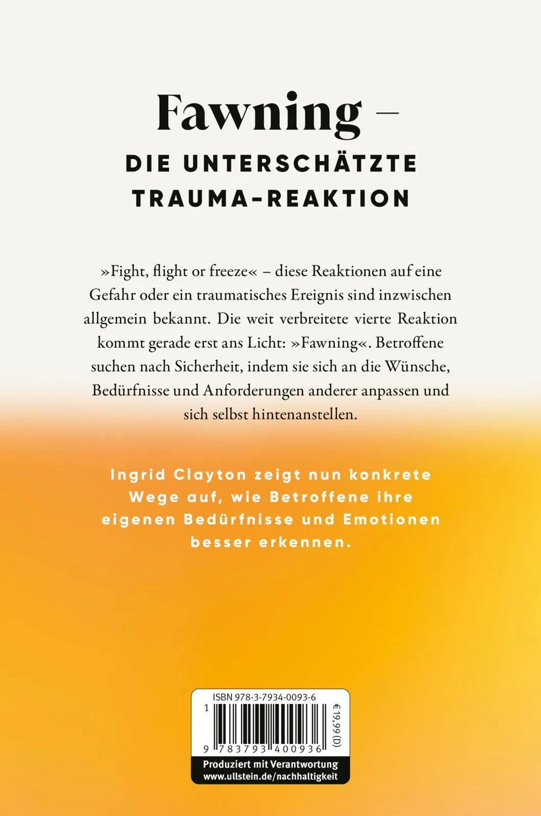 Buchrückseite von 'Fawning – die unterschätzte Trauma-Reaktion' mit Klappentext - Paperback