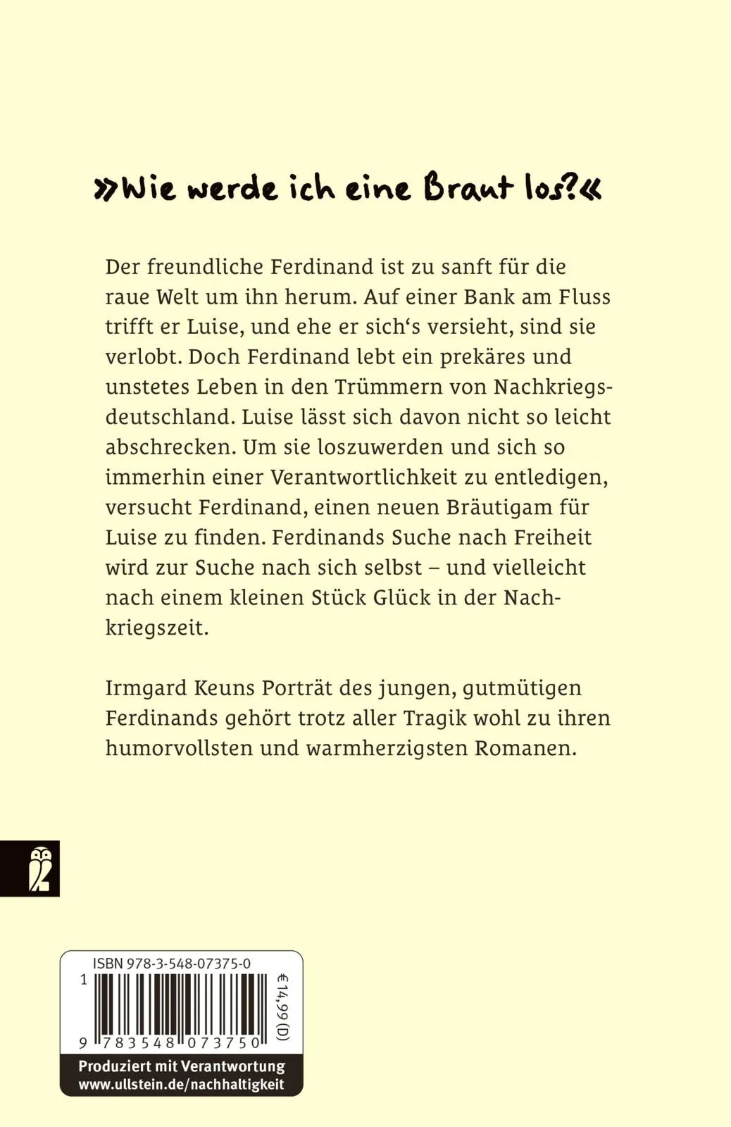 Buchrückseite von 'Ferdinand, der Mann mit dem freundlichen Herzen' mit Klappentext - Taschenbuch