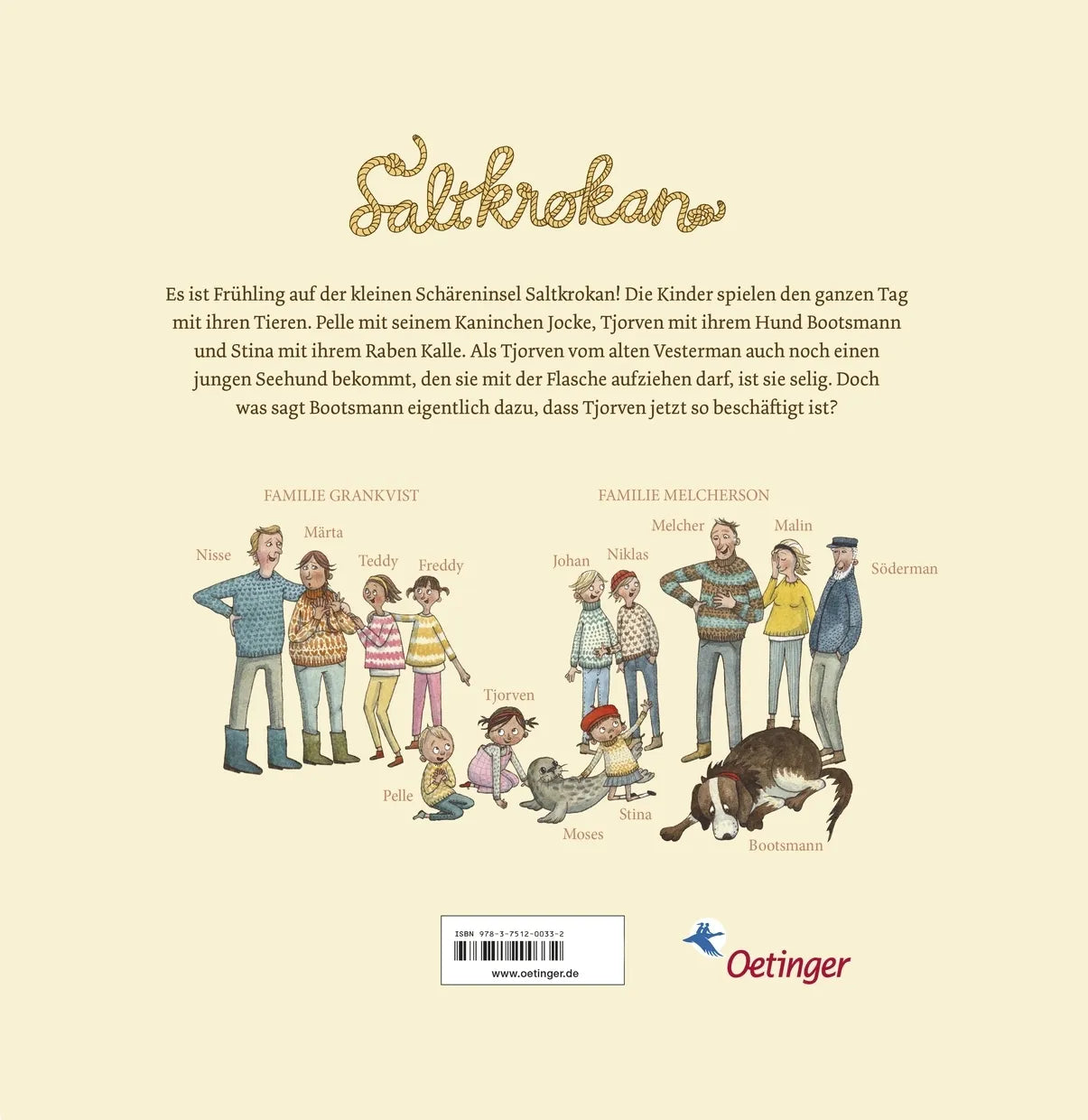 Buchrückseite von 'Ferien auf Saltkrokan. Als Tjorven einen Seehund bekam' mit Klappentext - Gebundene Ausgabe