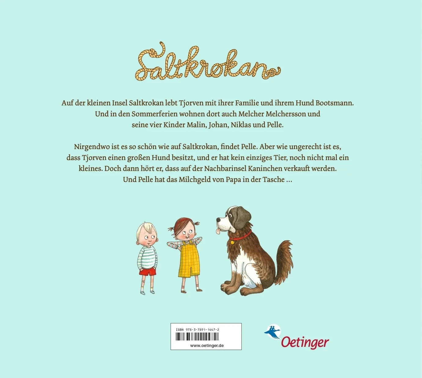 Buchrückseite von 'Ferien auf Saltkrokan. Ein Kaninchen für Pelle' mit Klappentext - Gebundene Ausgabe