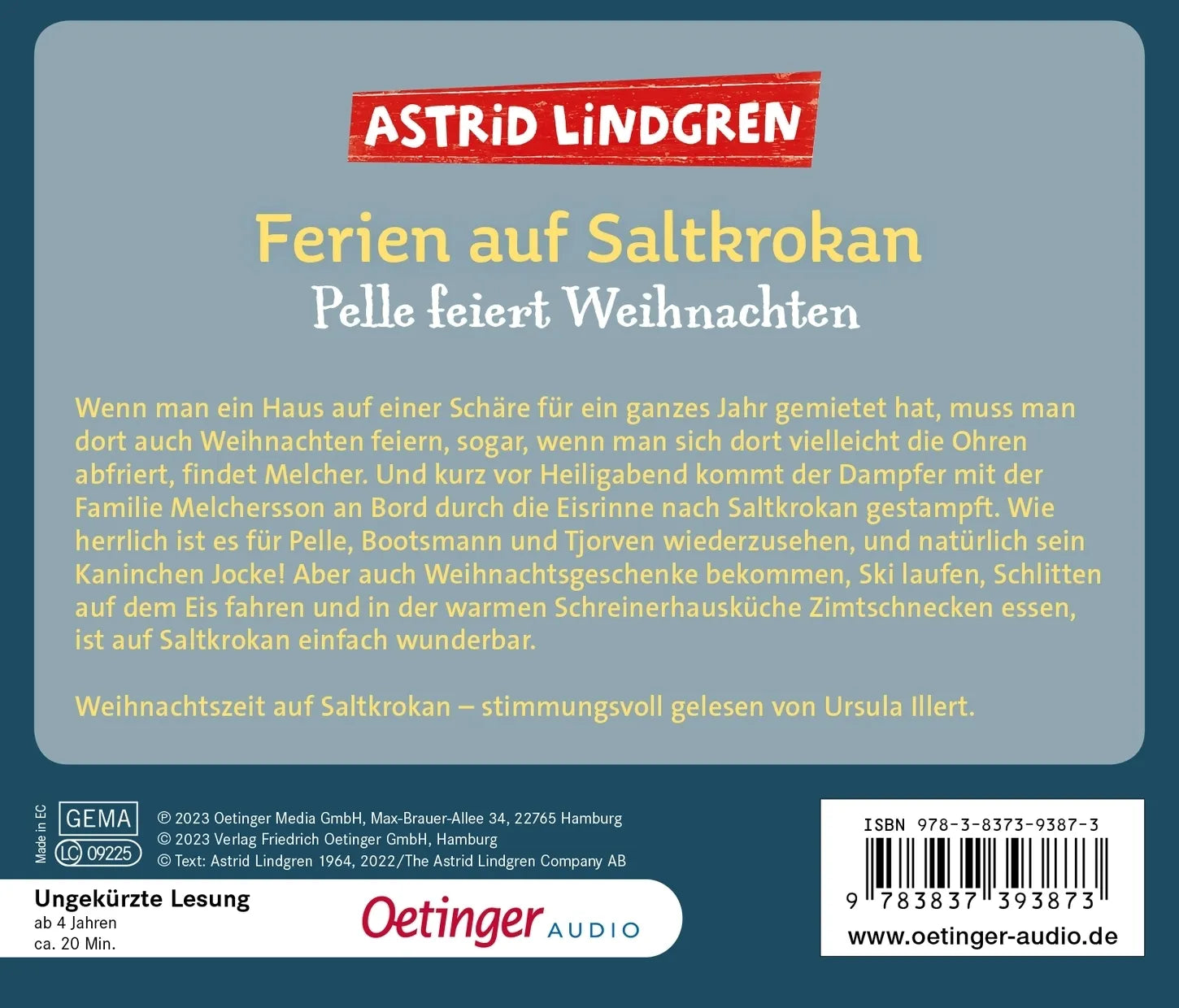 Buchrückseite von 'Ferien auf Saltkrokan. Pelle feiert Weihnachten' mit Klappentext - Hörbuch (CD)