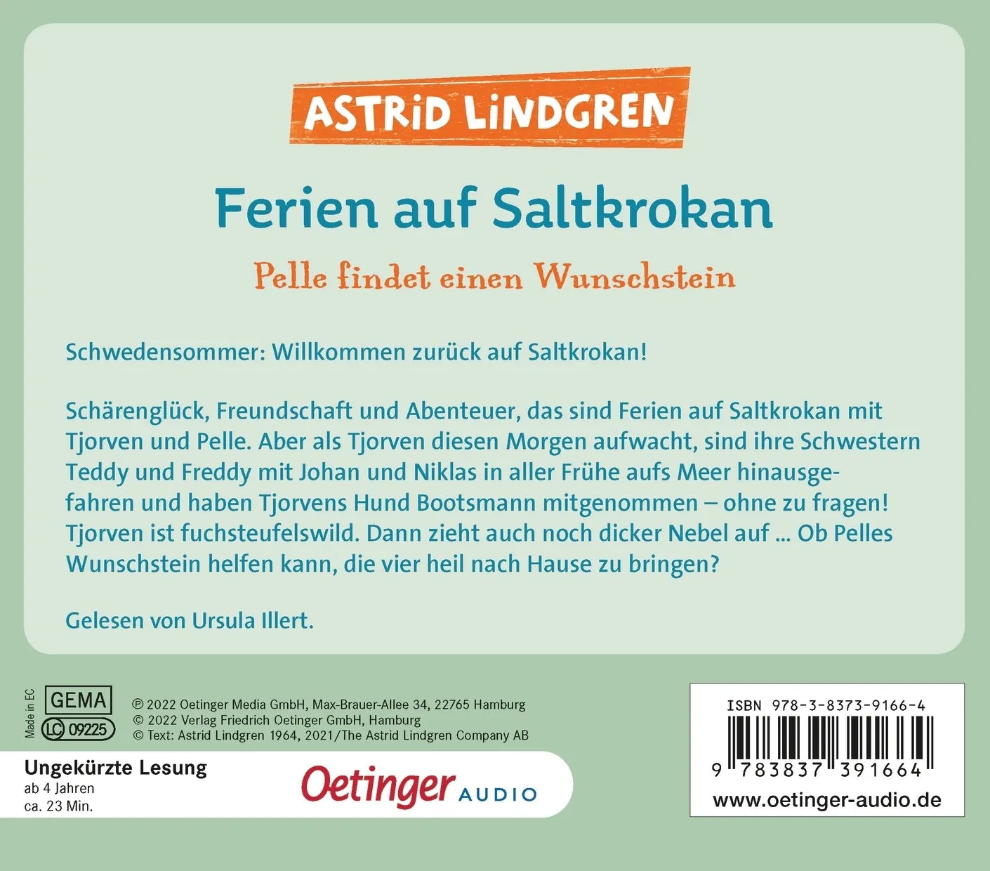 Buchrückseite von 'Ferien auf Saltkrokan. Pelle findet einen Wunschstein' mit Klappentext - Hörbuch (CD)