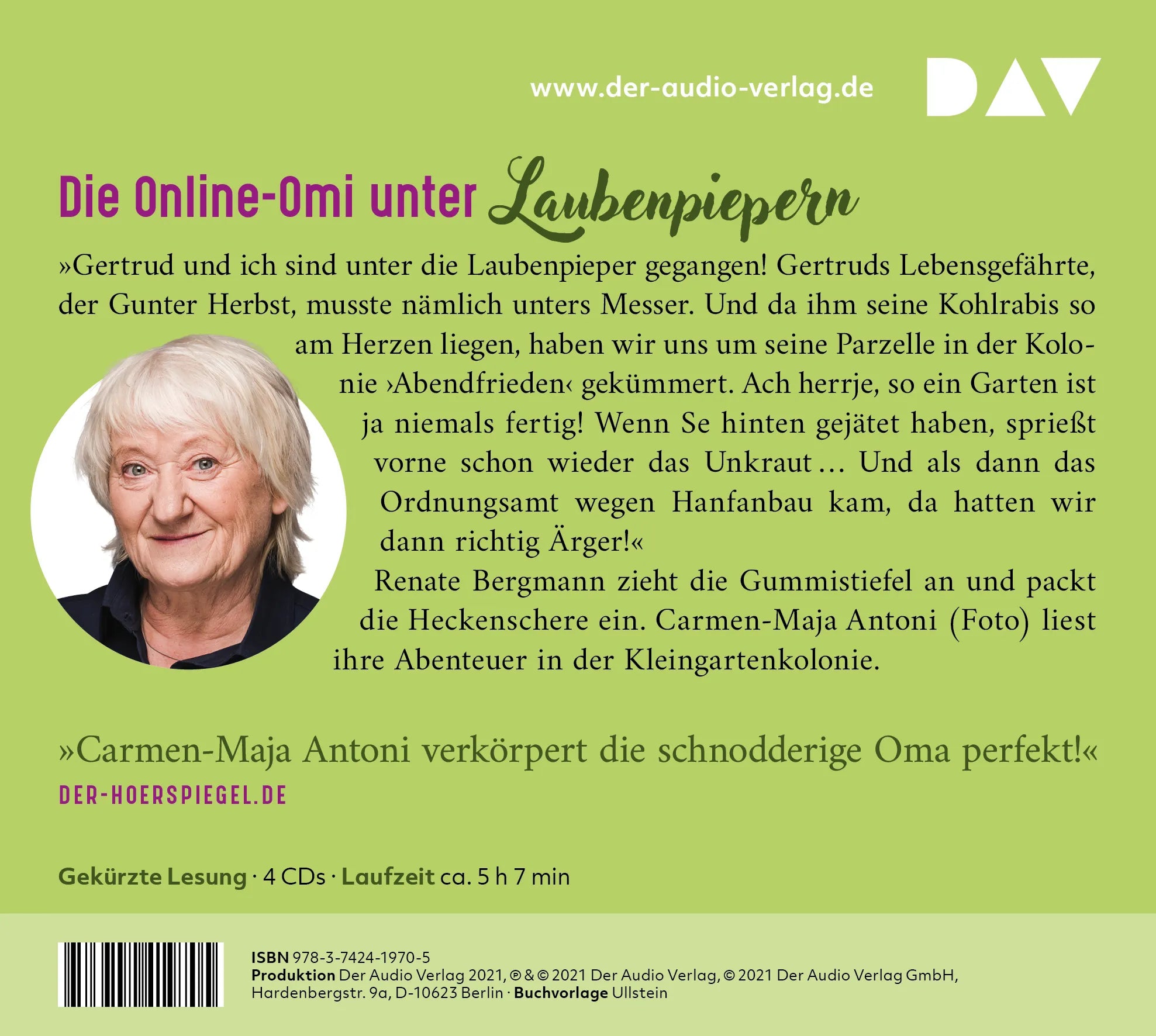 Buchrückseite von 'Fertig ist die Laube. Die Online-Omi gärtnert' mit Klappentext - Hörbuch (CD)