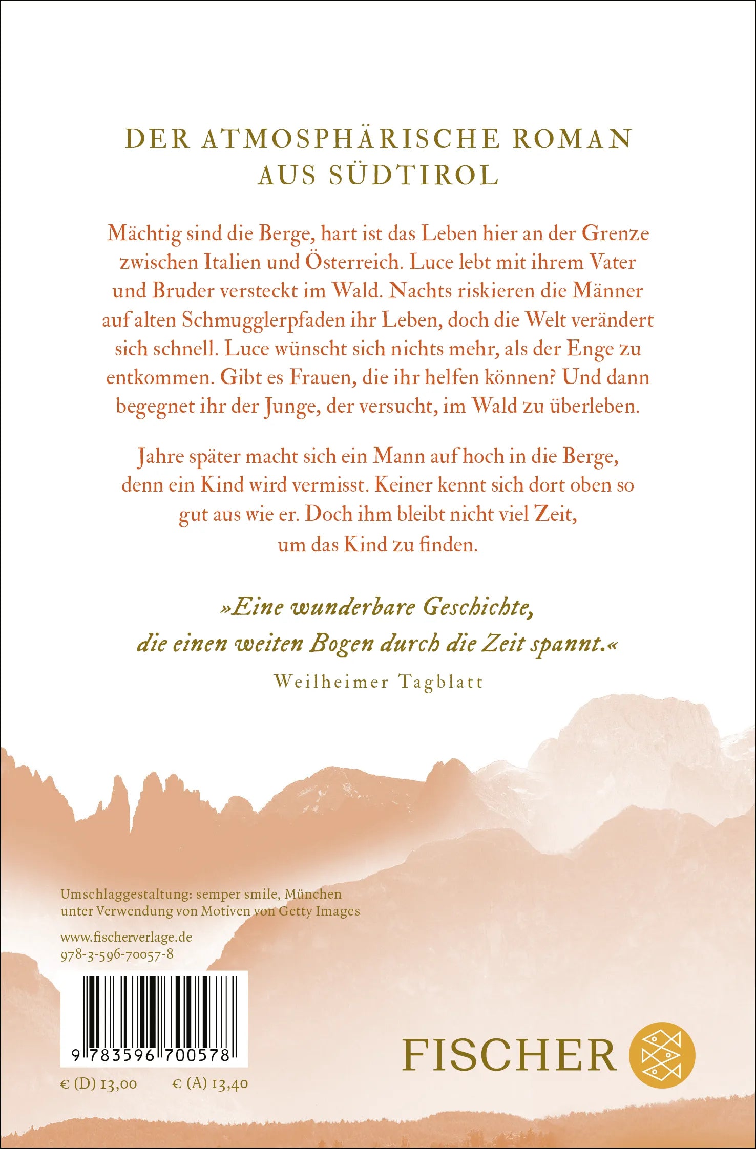 Buchrückseite von 'Feuer auf den Bergen' mit Klappentext - Taschenbuch