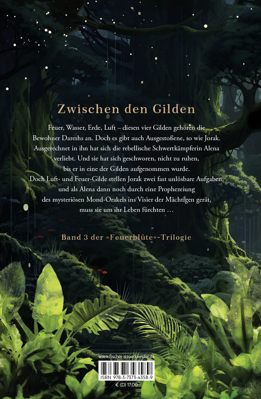 Buchrückseite von 'Feuerblüte – Orakel des Mondes' mit Klappentext - Gebundene Ausgabe