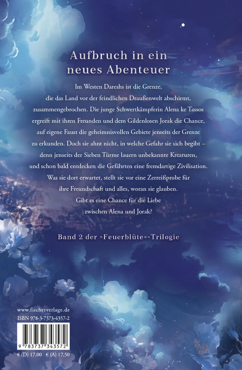 Buchrückseite von 'Feuerblüte – Stadt der Wolkentrinker' mit Klappentext - Gebundene Ausgabe
