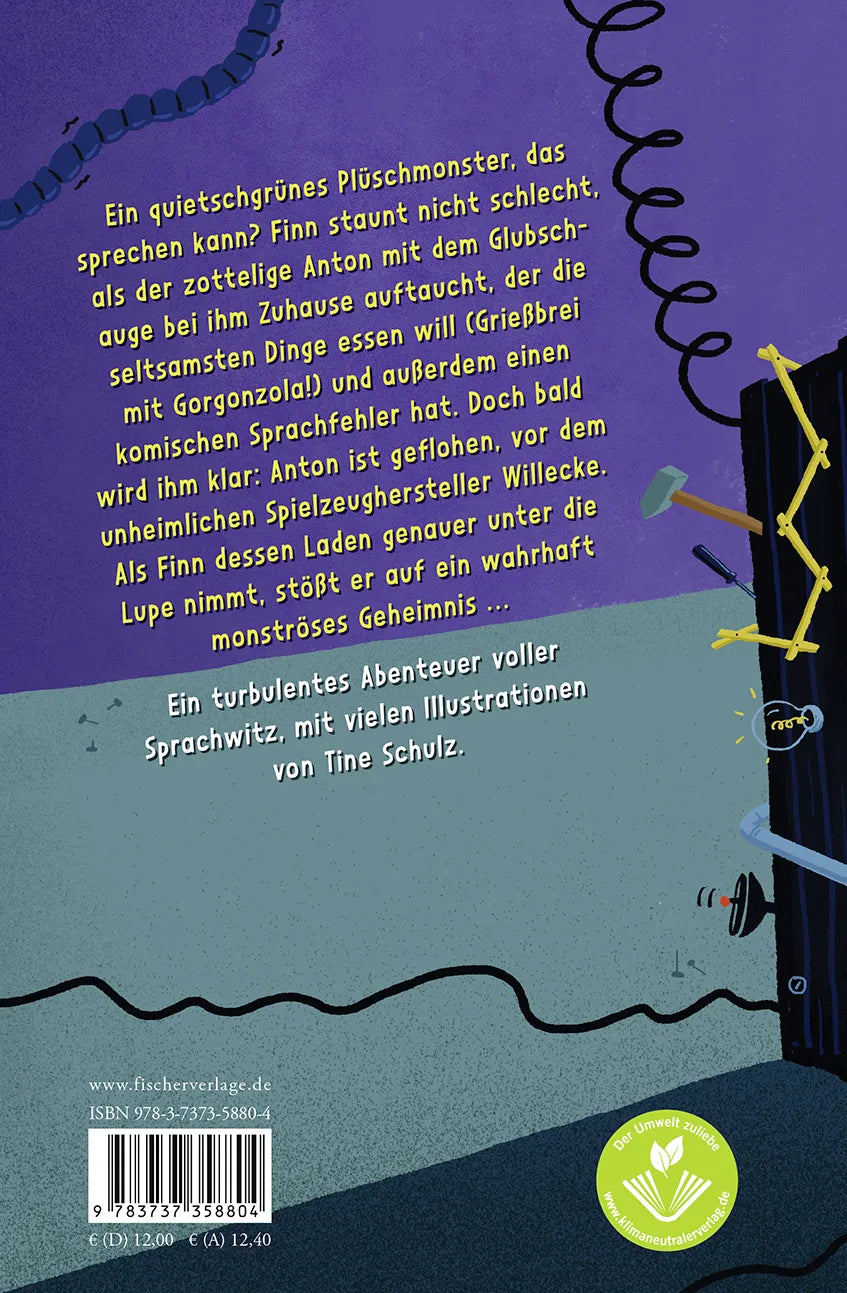 Buchrückseite von 'Finn und die monsterige Rückwärtsmaschine' mit Klappentext - Gebundene Ausgabe