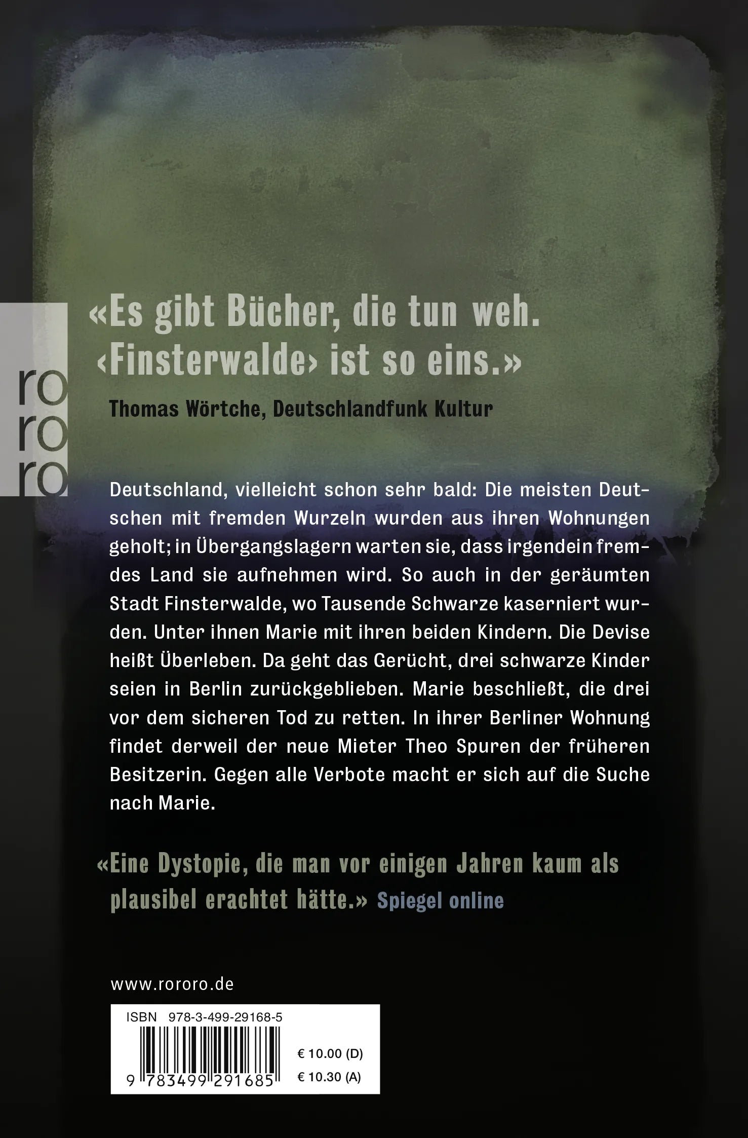 Buchrückseite von 'Finsterwalde' mit Klappentext - Taschenbuch