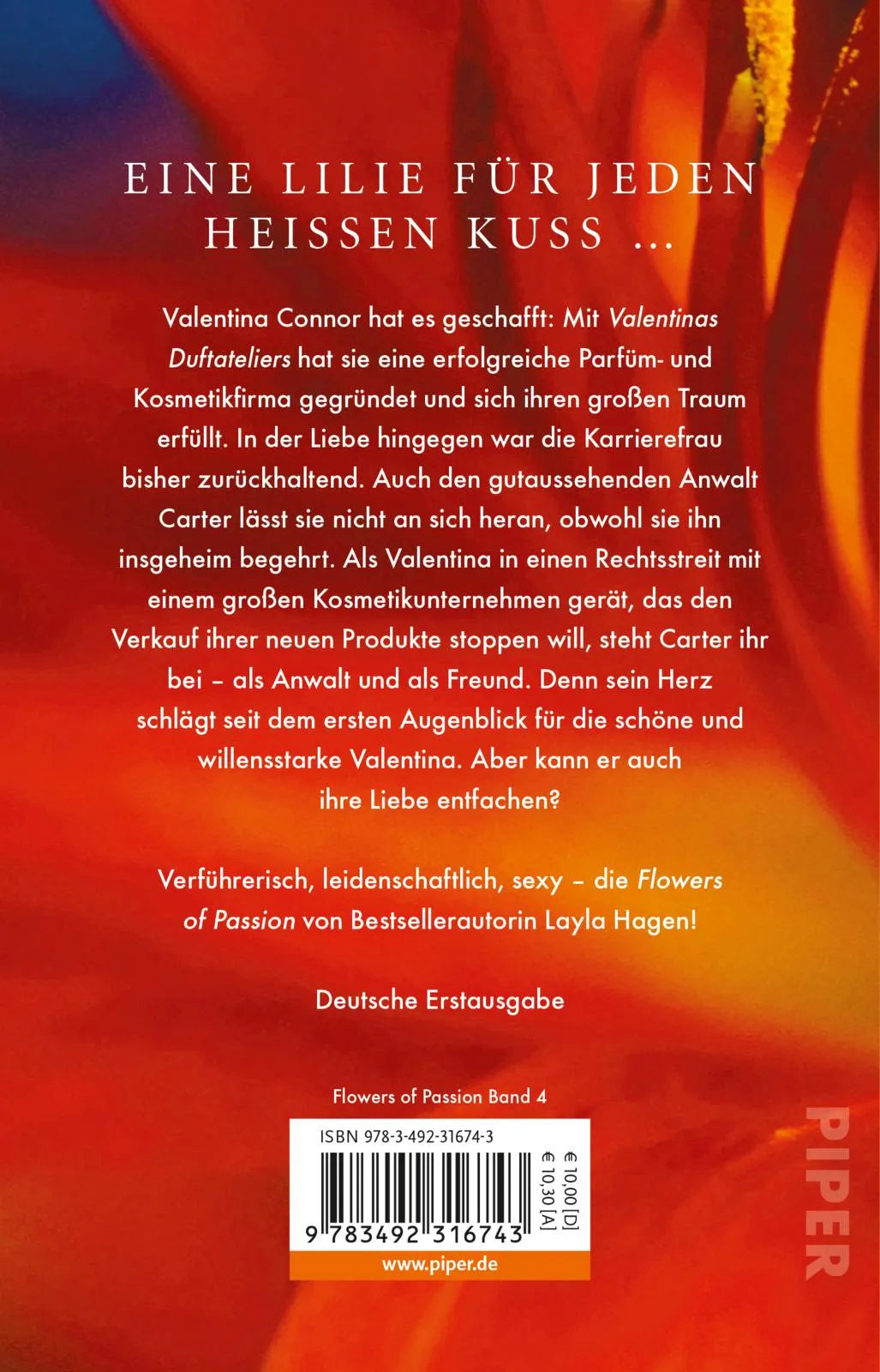 Buchrückseite von 'Flowers of Passion – Flammende Lilien' mit Klappentext - Taschenbuch