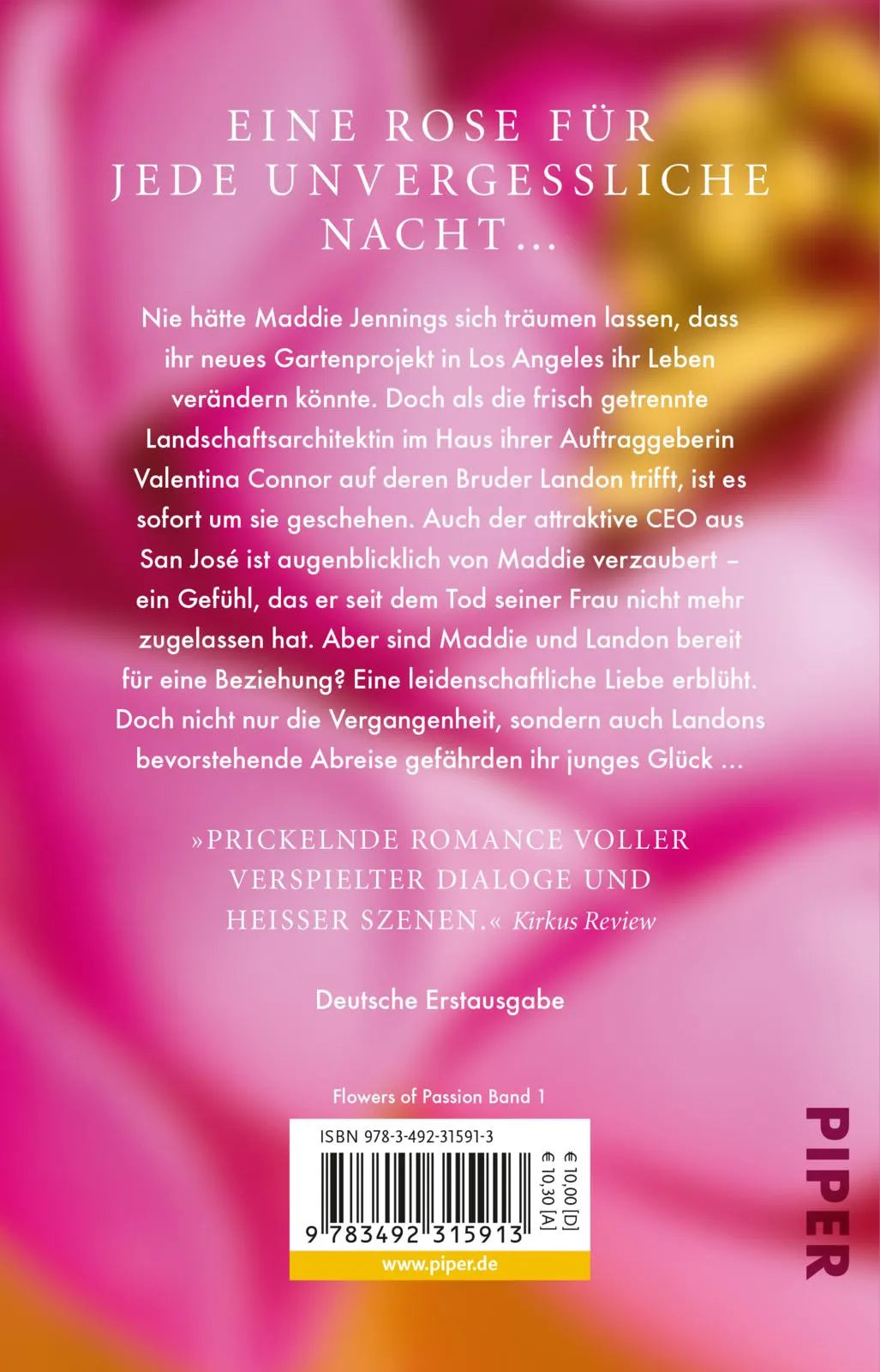 Buchrückseite von 'Flowers of Passion – Verführerische Rosen' mit Klappentext - Taschenbuch