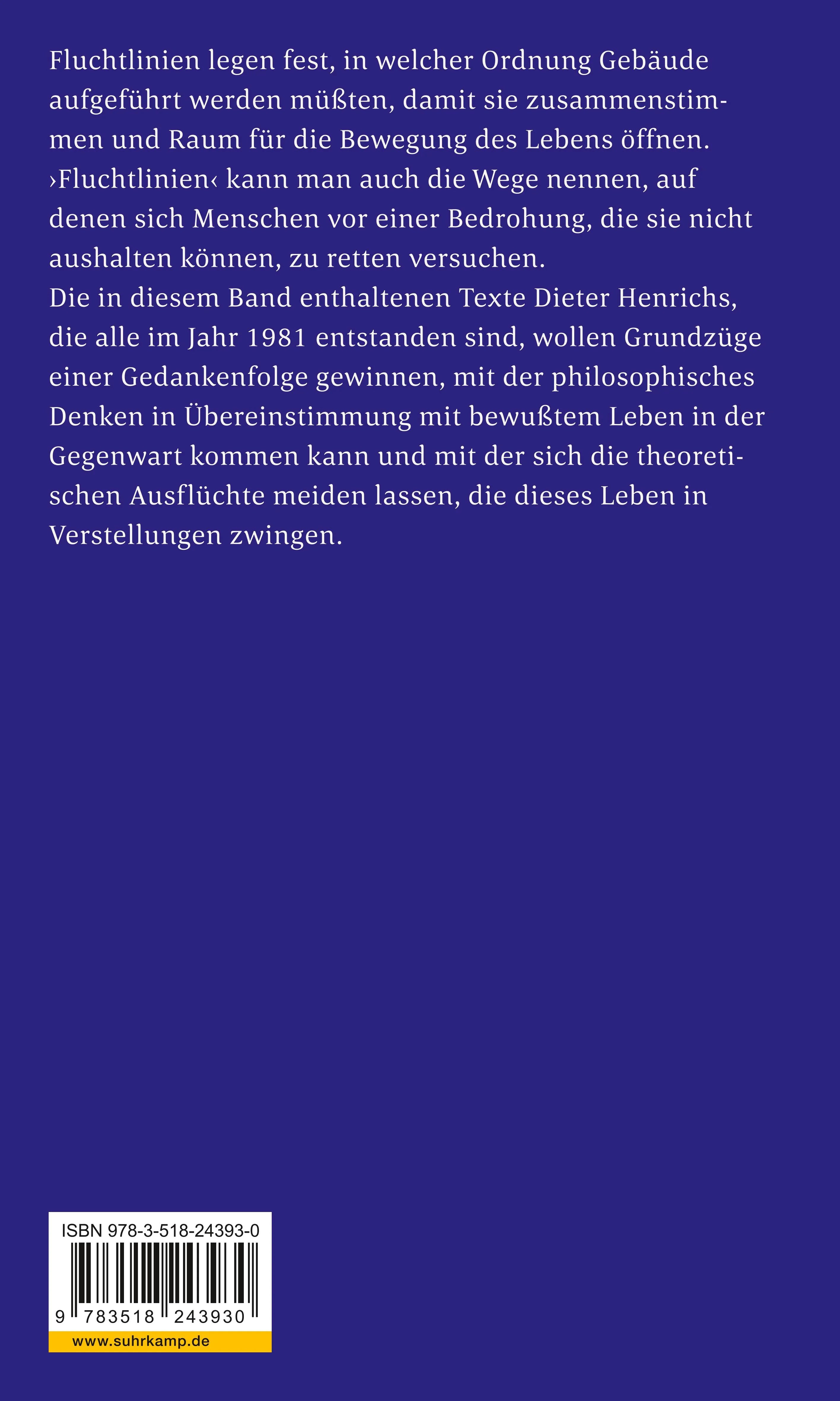 Buchrückseite von 'Fluchtlinien' mit Klappentext - Taschenbuch