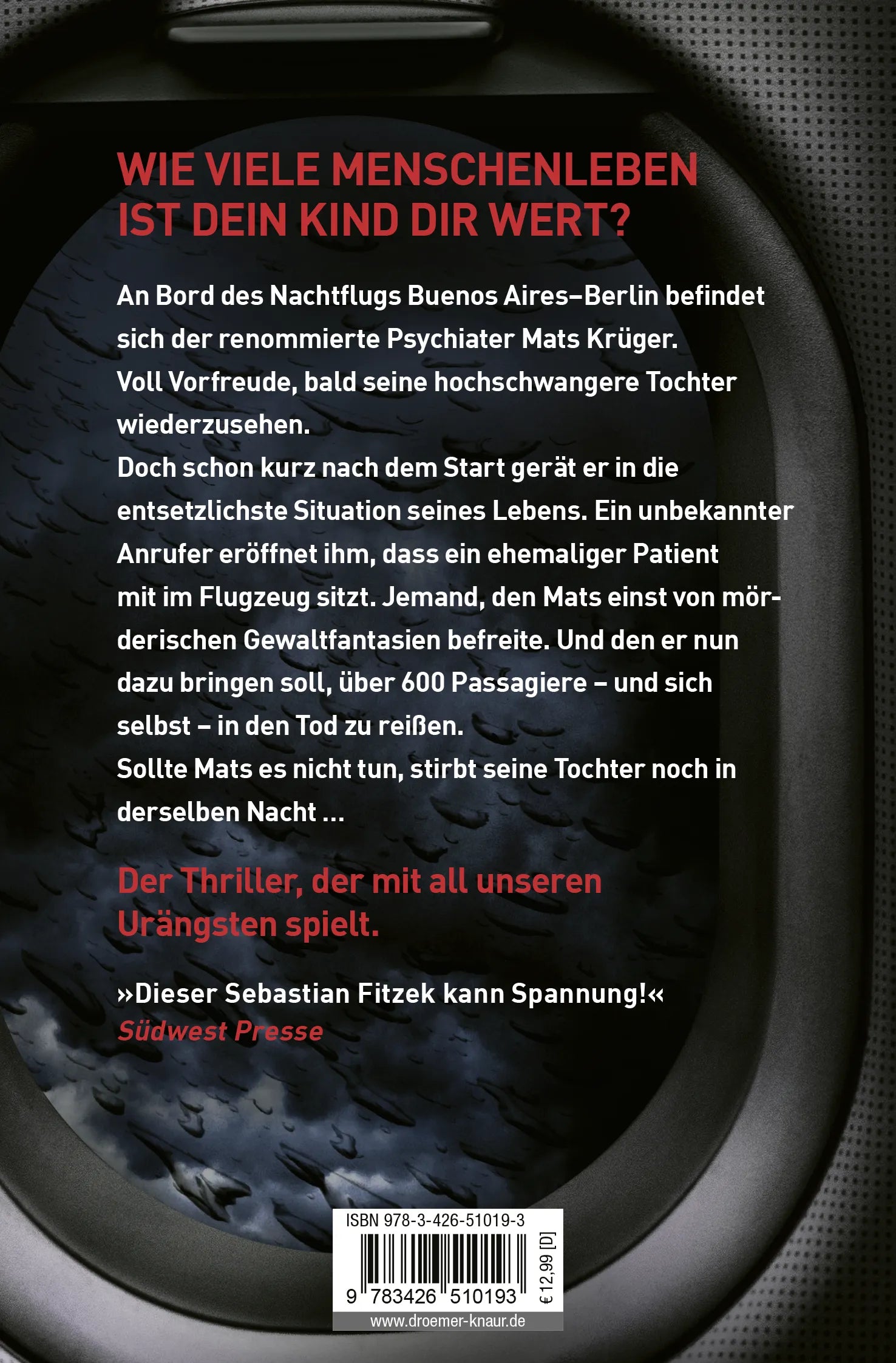 Buchrückseite von 'Flugangst 7A' mit Klappentext - Taschenbuch