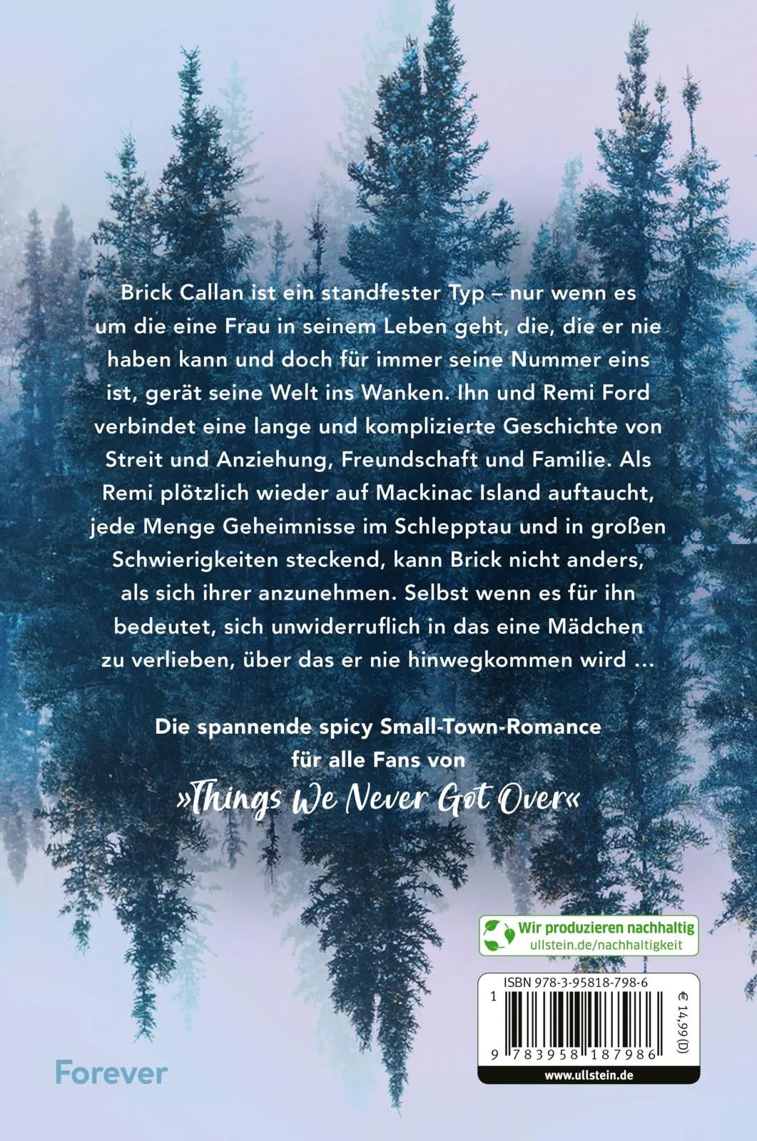Buchrückseite von 'Forever Never' mit Klappentext - Paperback