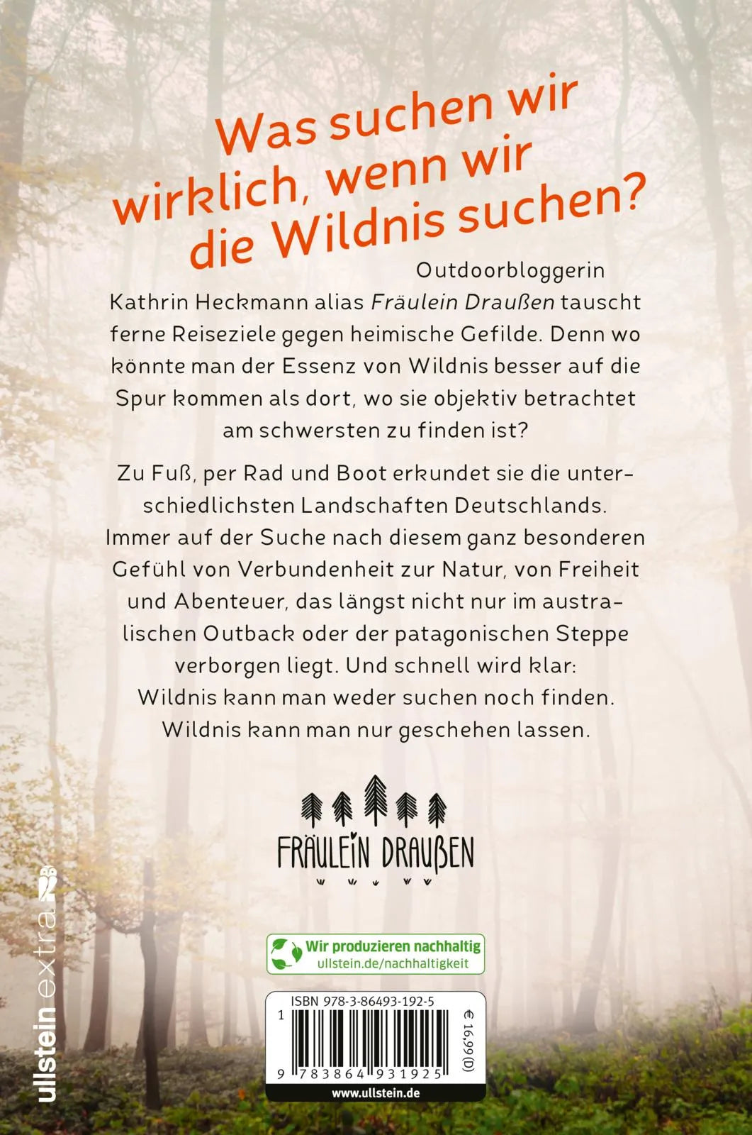 Buchrückseite von 'Fräulein Draußens Gespür für Wildnis' mit Klappentext - Paperback