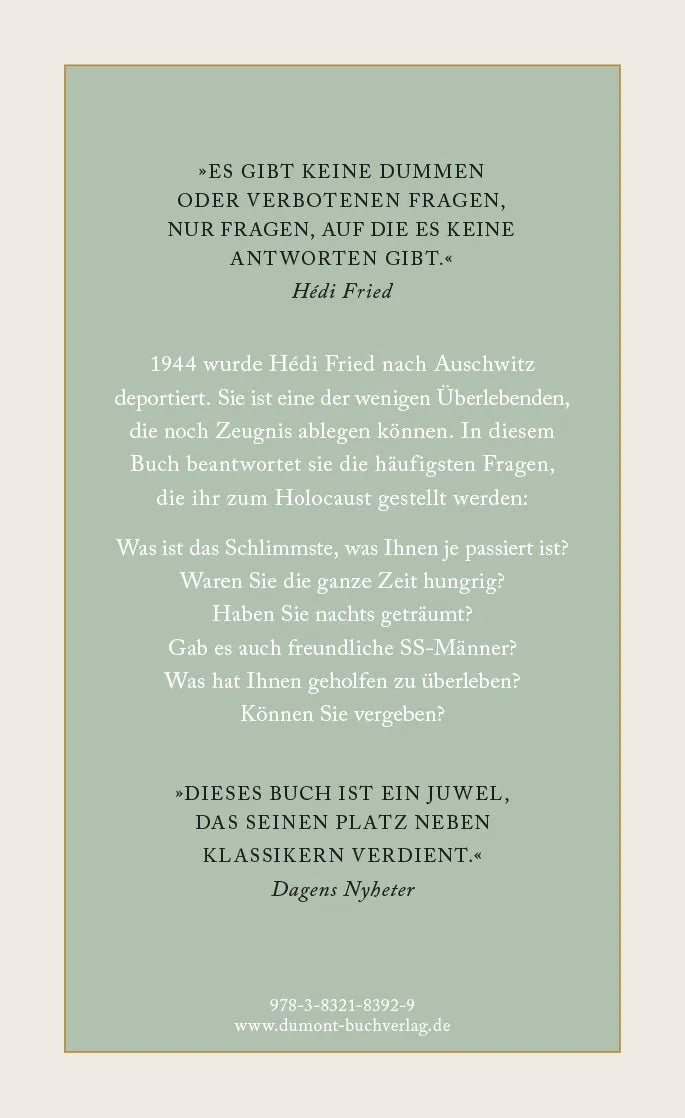 Buchrückseite von 'Fragen, die mir zum Holocaust gestellt werden' mit Klappentext - Gebundene Ausgabe