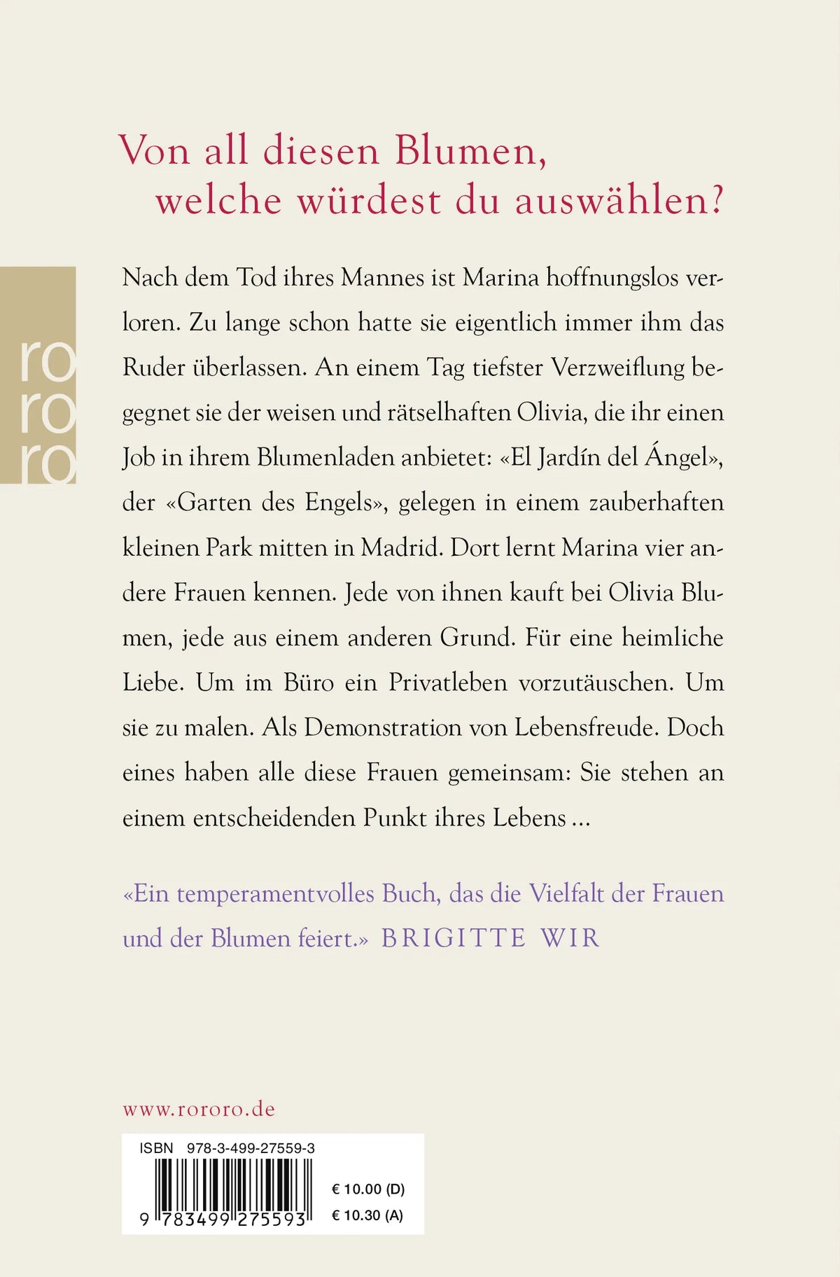 Buchrückseite von 'Frauen, die Blumen kaufen' mit Klappentext - Taschenbuch