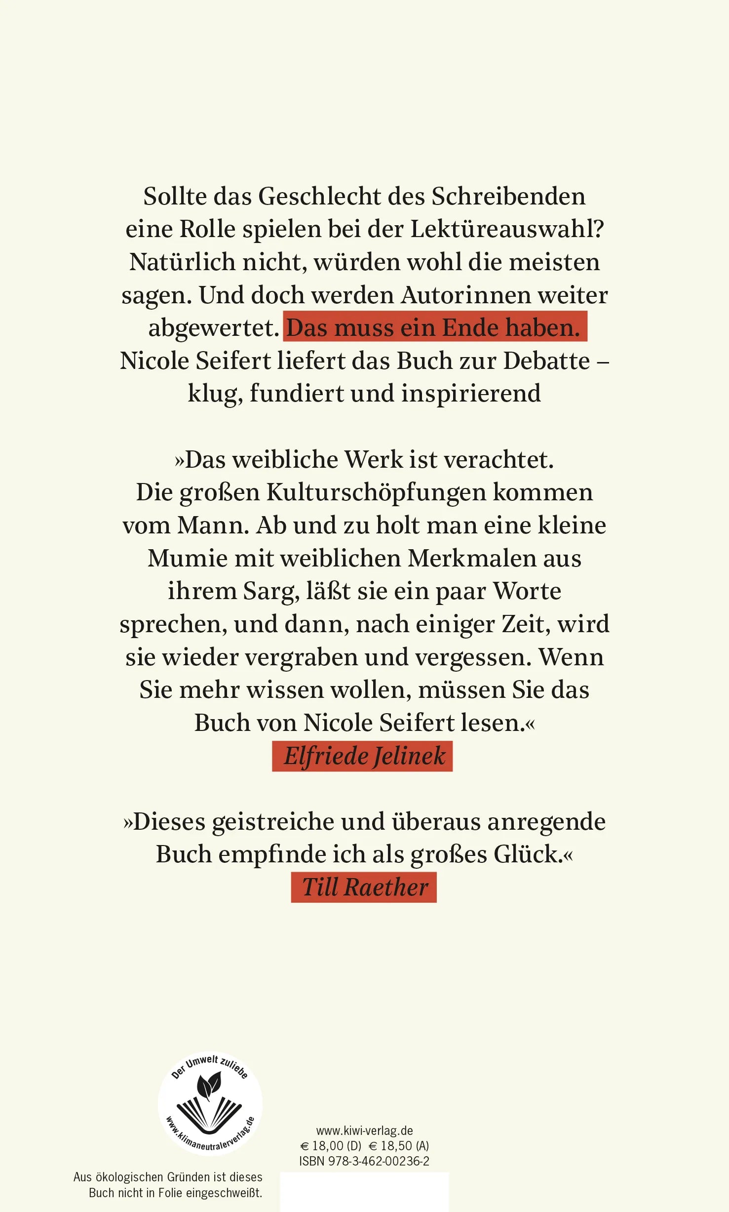 Buchrückseite von 'FRAUEN LITERATUR' mit Klappentext - Gebundene Ausgabe