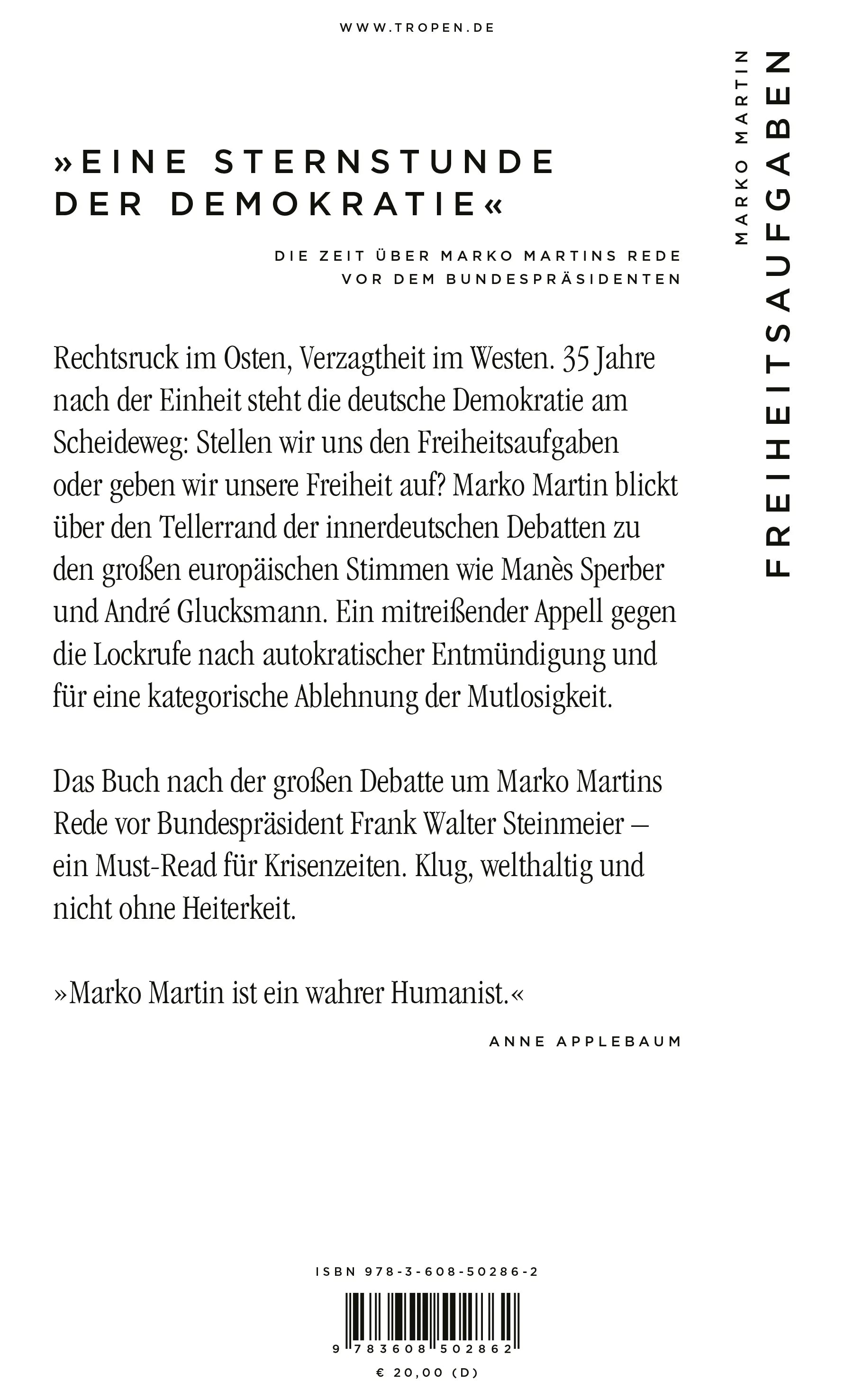 Buchrückseite von 'Freiheitsaufgaben' mit Klappentext - Gebundene Ausgabe
