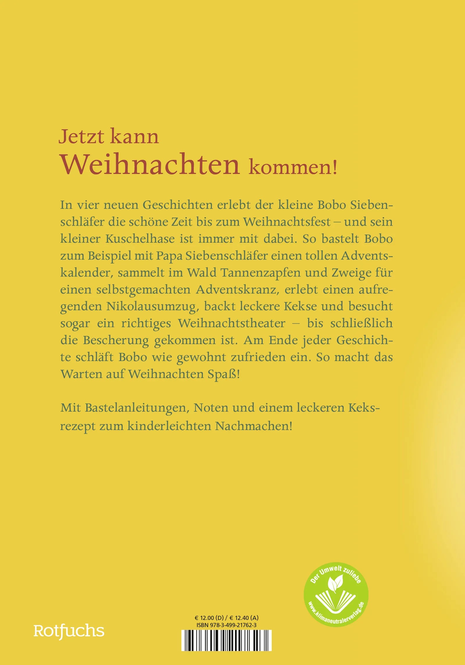 Buchrückseite von 'Fröhliche Weihnachten, Bobo Siebenschläfer!' mit Klappentext - Gebundene Ausgabe