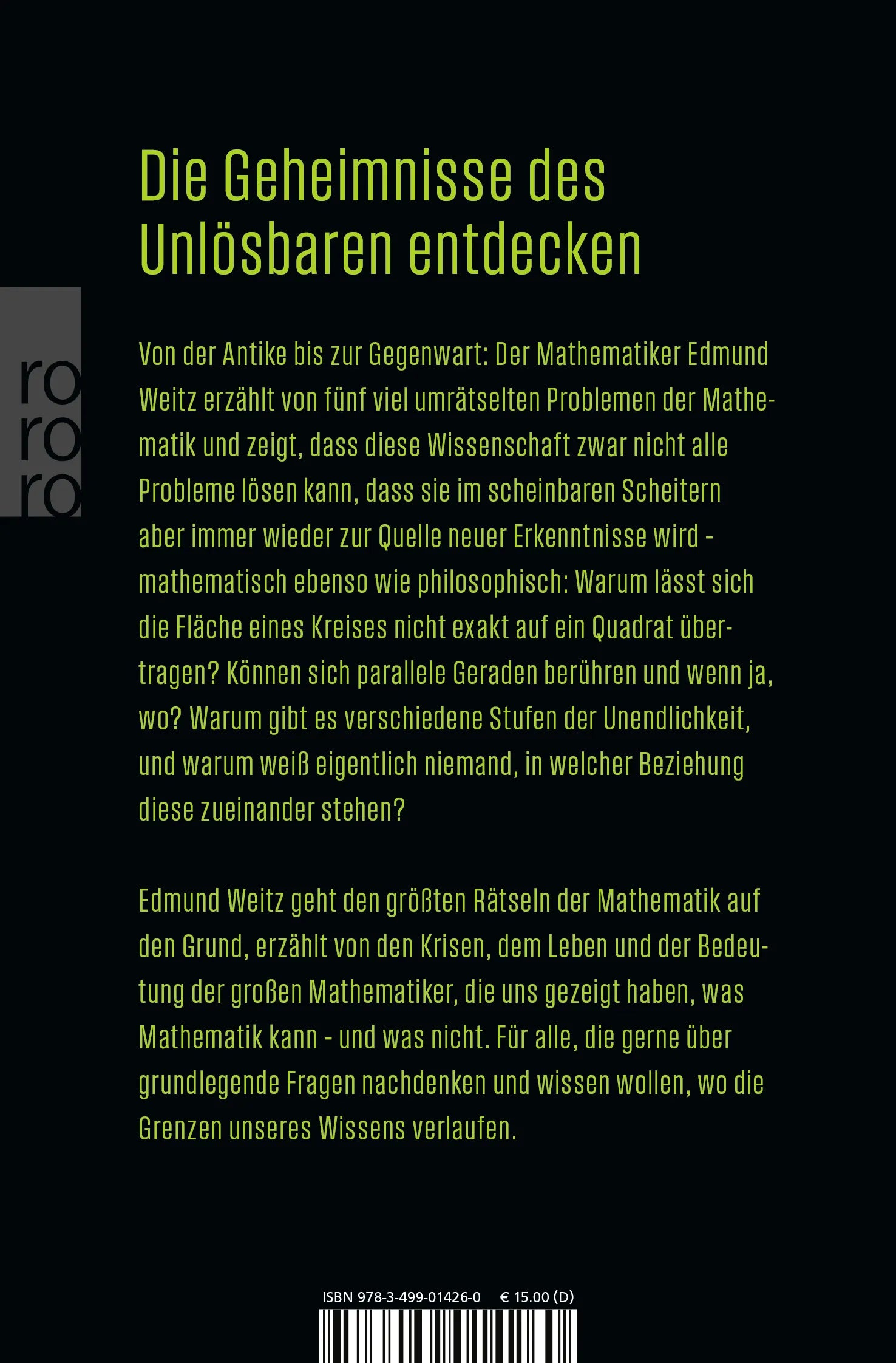Buchrückseite von 'Fünf unlösbare Rätsel der Mathematik' mit Klappentext - Taschenbuch