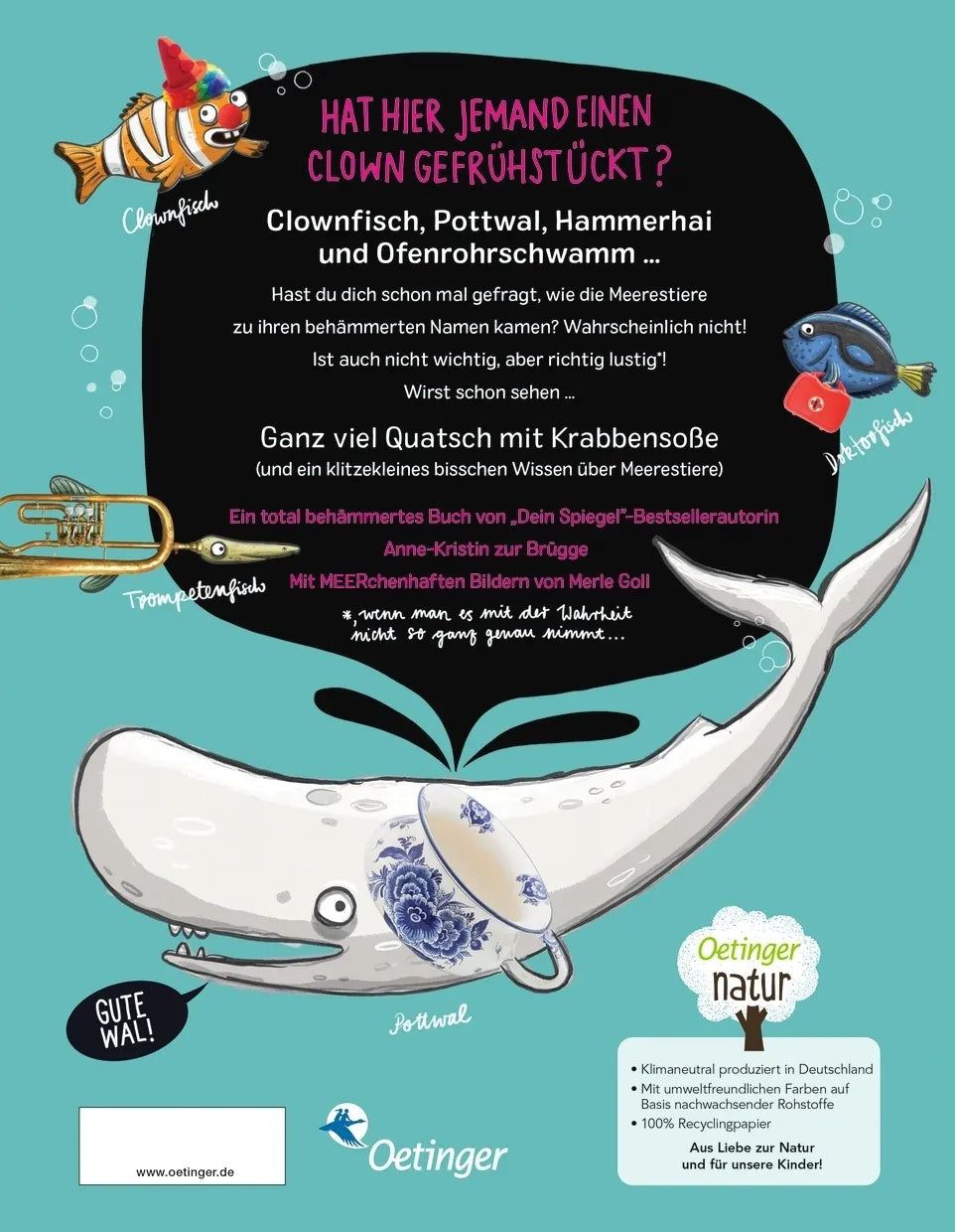 Buchrückseite von 'Ganz viele Meerestiere mit total behämmerten Namen und wie sie' mit Klappentext - Gebundene Ausgabe