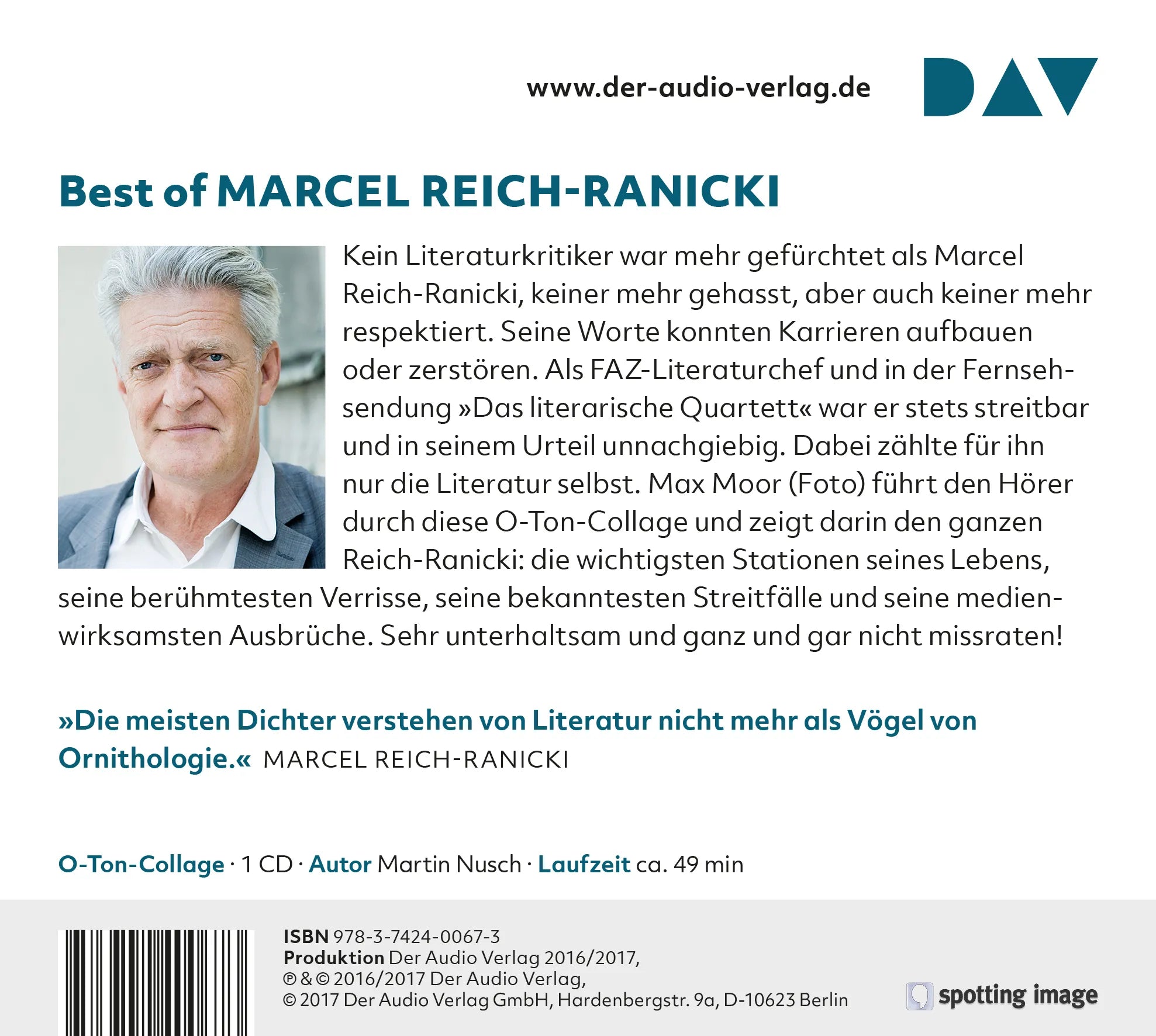 Buchrückseite von '»Ganzzz und garrr missraten!« Die besten O-Töne von Marcel Reich-Ranicki' mit Klappentext - Hörbuch (CD)