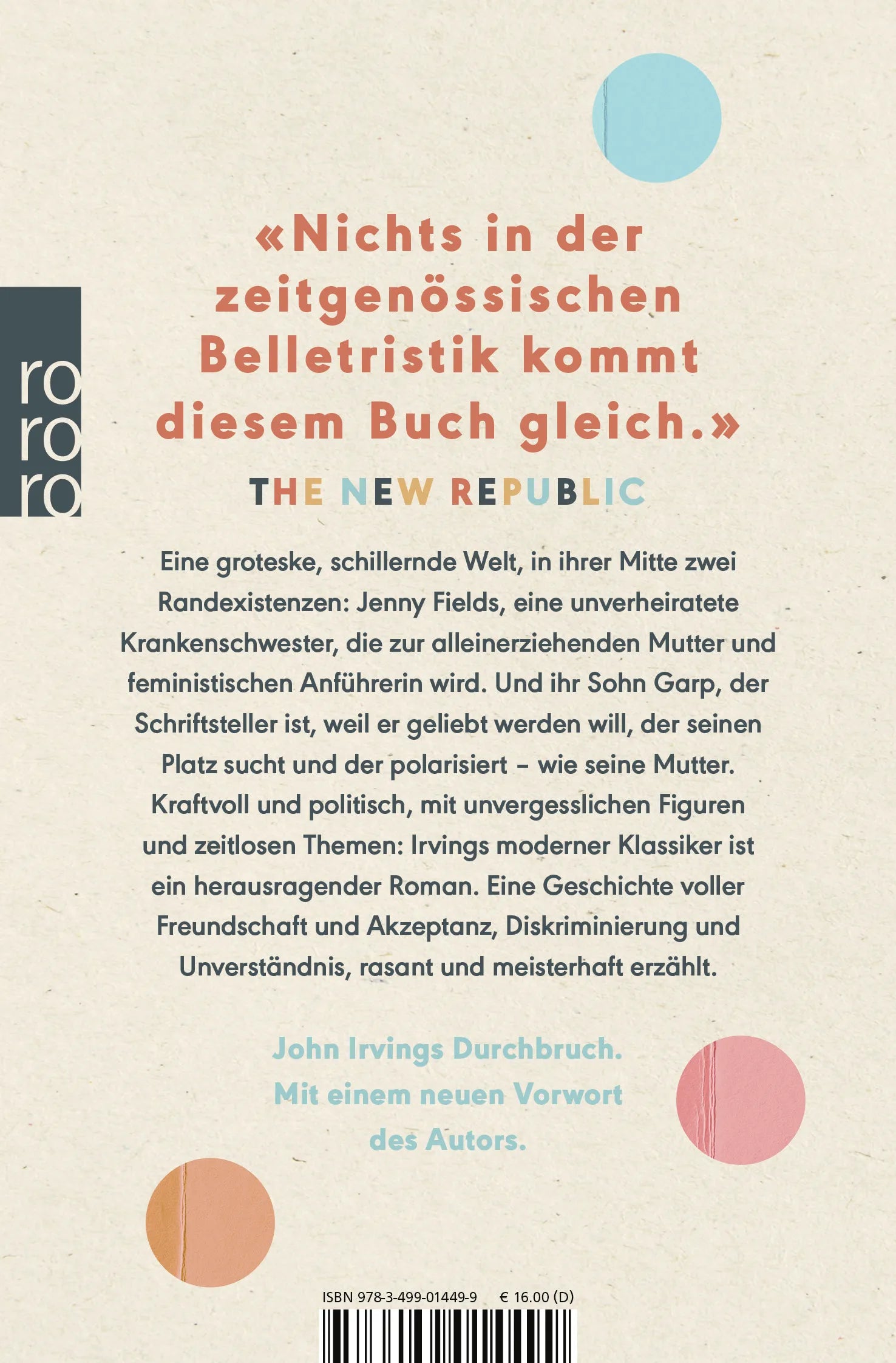 Buchrückseite von 'Garp und wie er die Welt sah' mit Klappentext - Taschenbuch