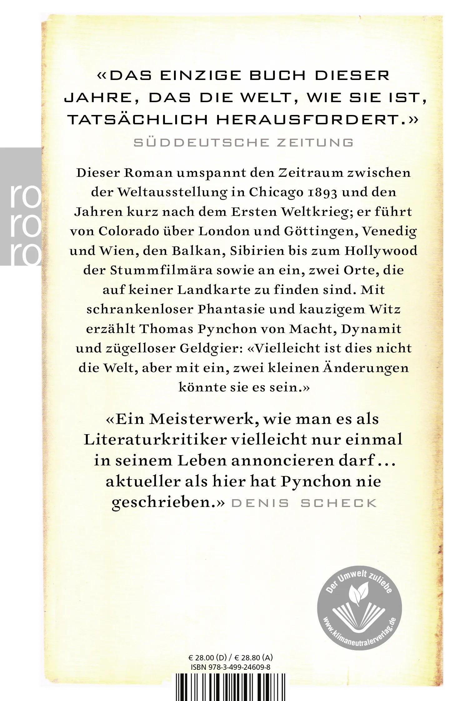 Buchrückseite von 'Gegen den Tag' mit Klappentext - Taschenbuch