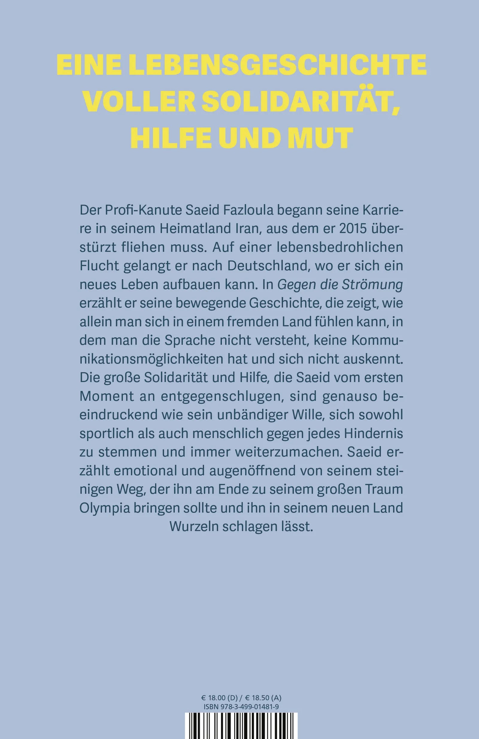 Buchrückseite von 'Gegen die Strömung' mit Klappentext - Paperback