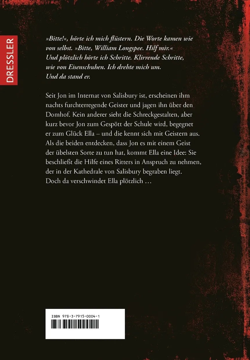 Buchrückseite von 'Geisterritter' mit Klappentext - Gebundene Ausgabe