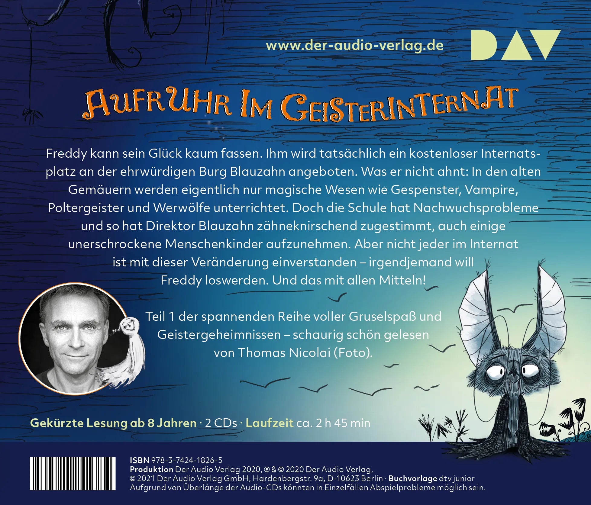 Buchrückseite von 'Geisterschule Blauzahn – Teil 1: Lehrer mit Biss' mit Klappentext - Hörbuch (CD)